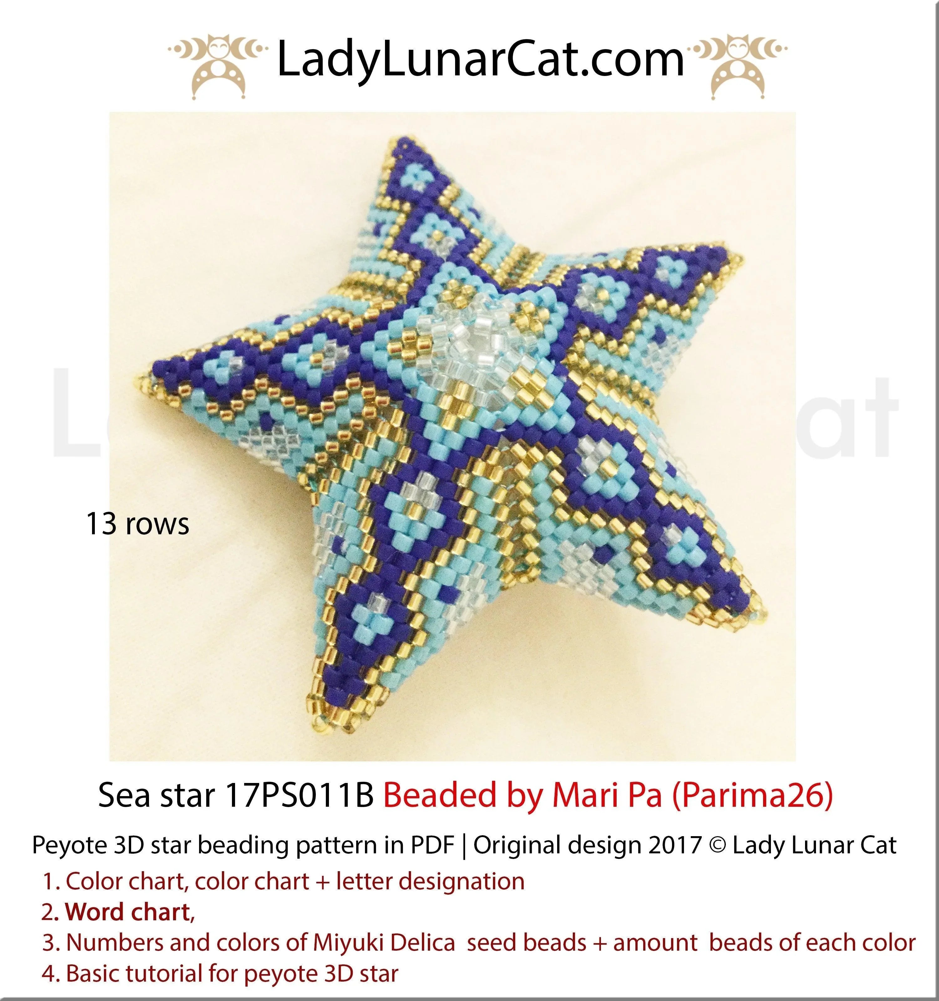Sea star peyote pattern by Lady Lunar Cat — turquoise gold small star beading PDF 17PS011B