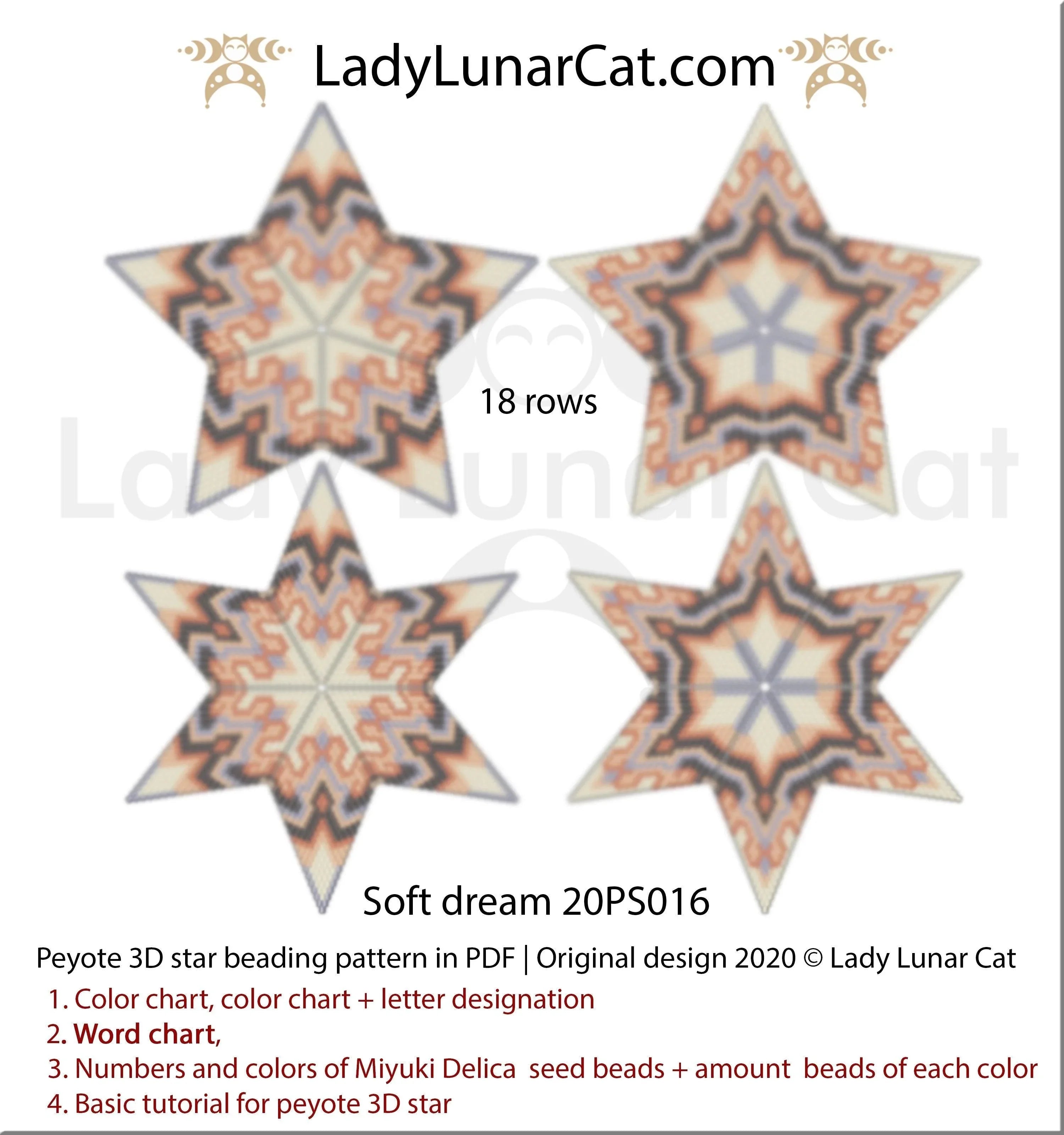 Peach gray soft dream peyote star — 3 versions, 5 colors each, Miyuki Delica 11/0