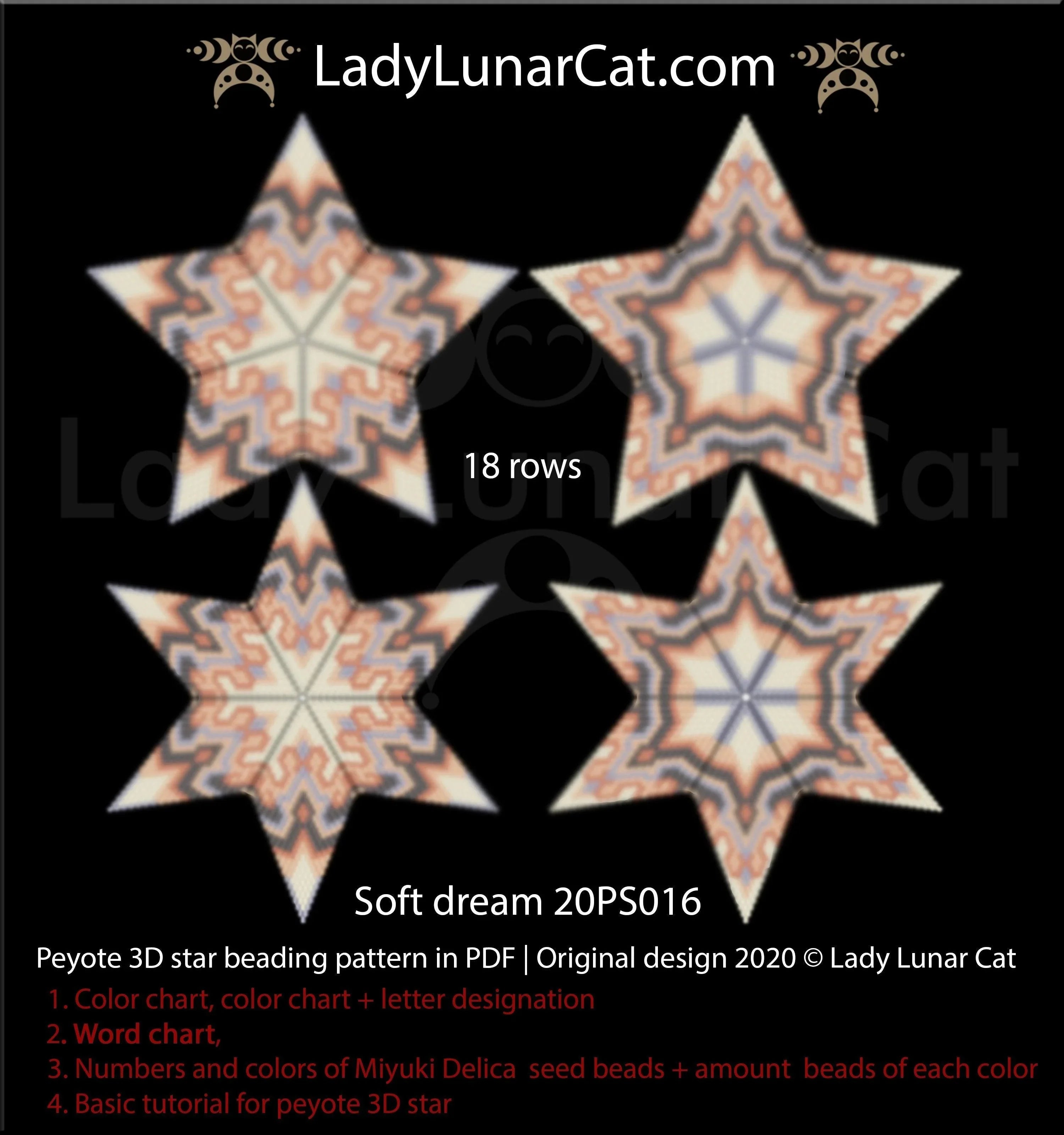 3D peyote star soft dream — 35-bead radius, 18 rows, 3 color versions, instant download