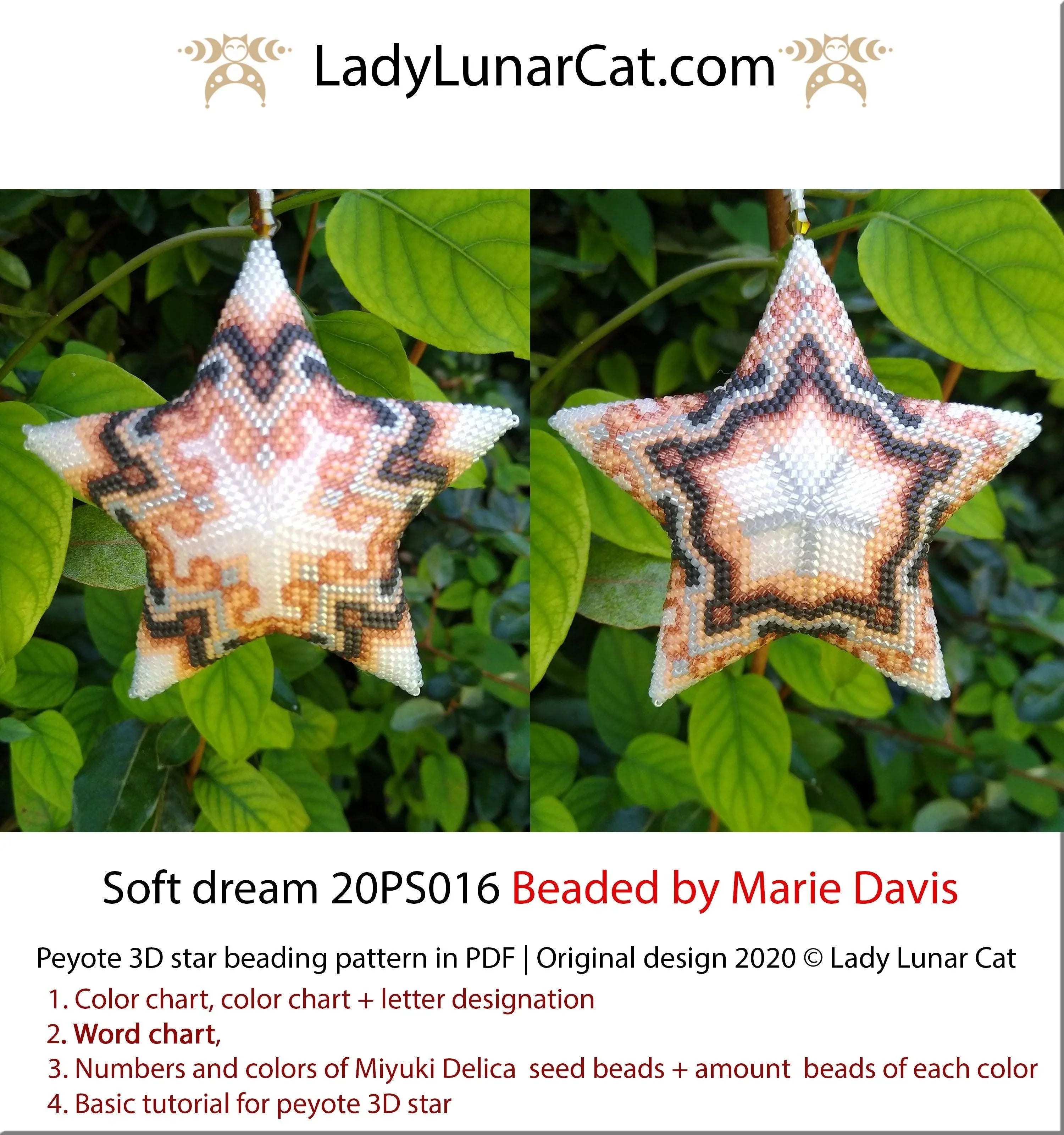 Soft dream peyote star pattern PDF by Lady Lunar Cat — 3 versions peach 20PS016