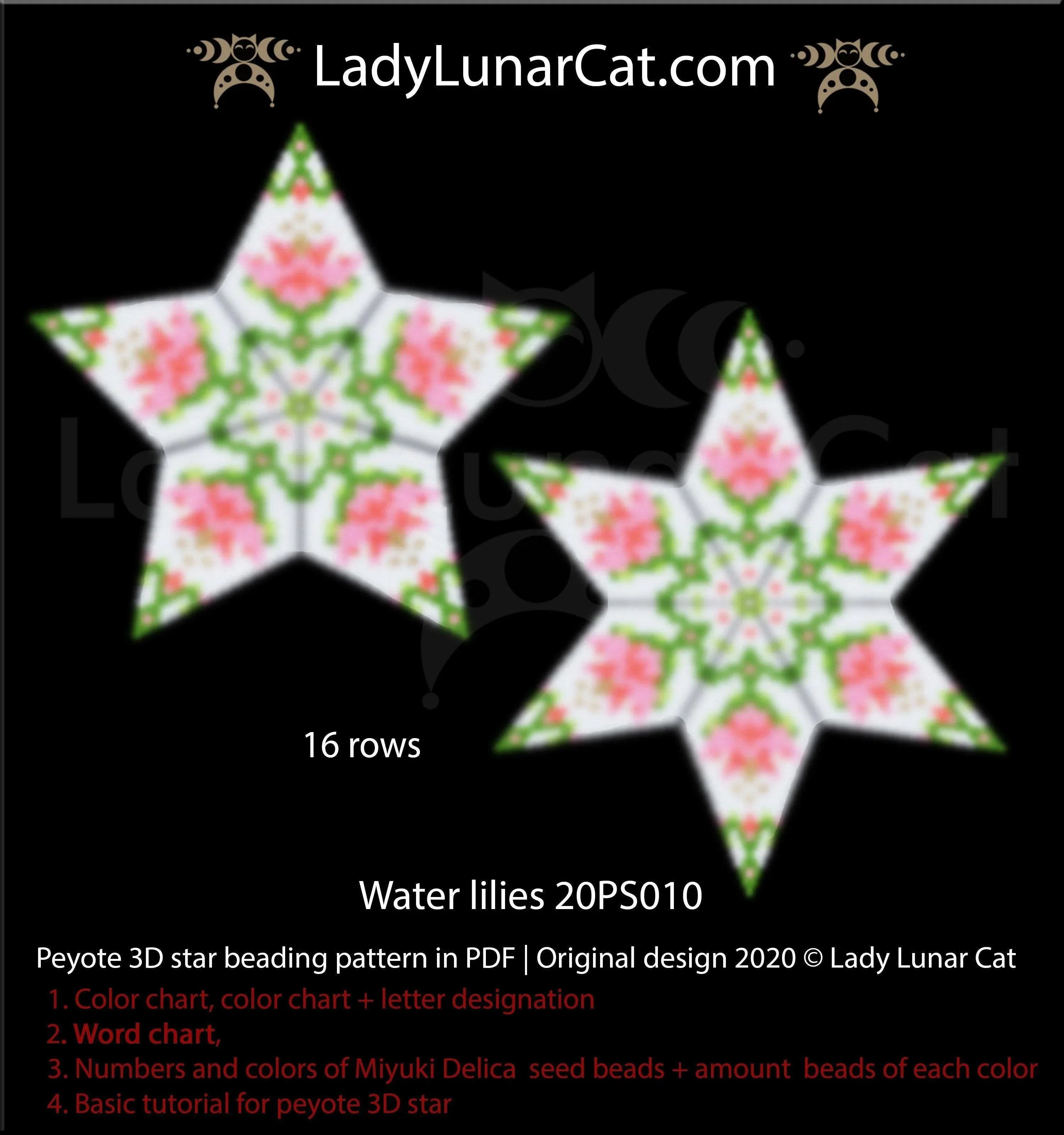 Water Lilies beaded star full view - soft white green floral Miyuki Delica LadyLunarCat