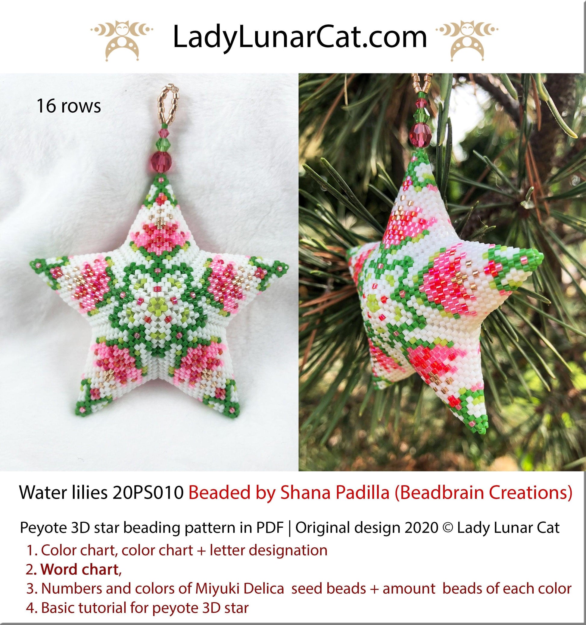 3d peyote star patterns for beading Water lilies 20PS010 LadyLunarCat