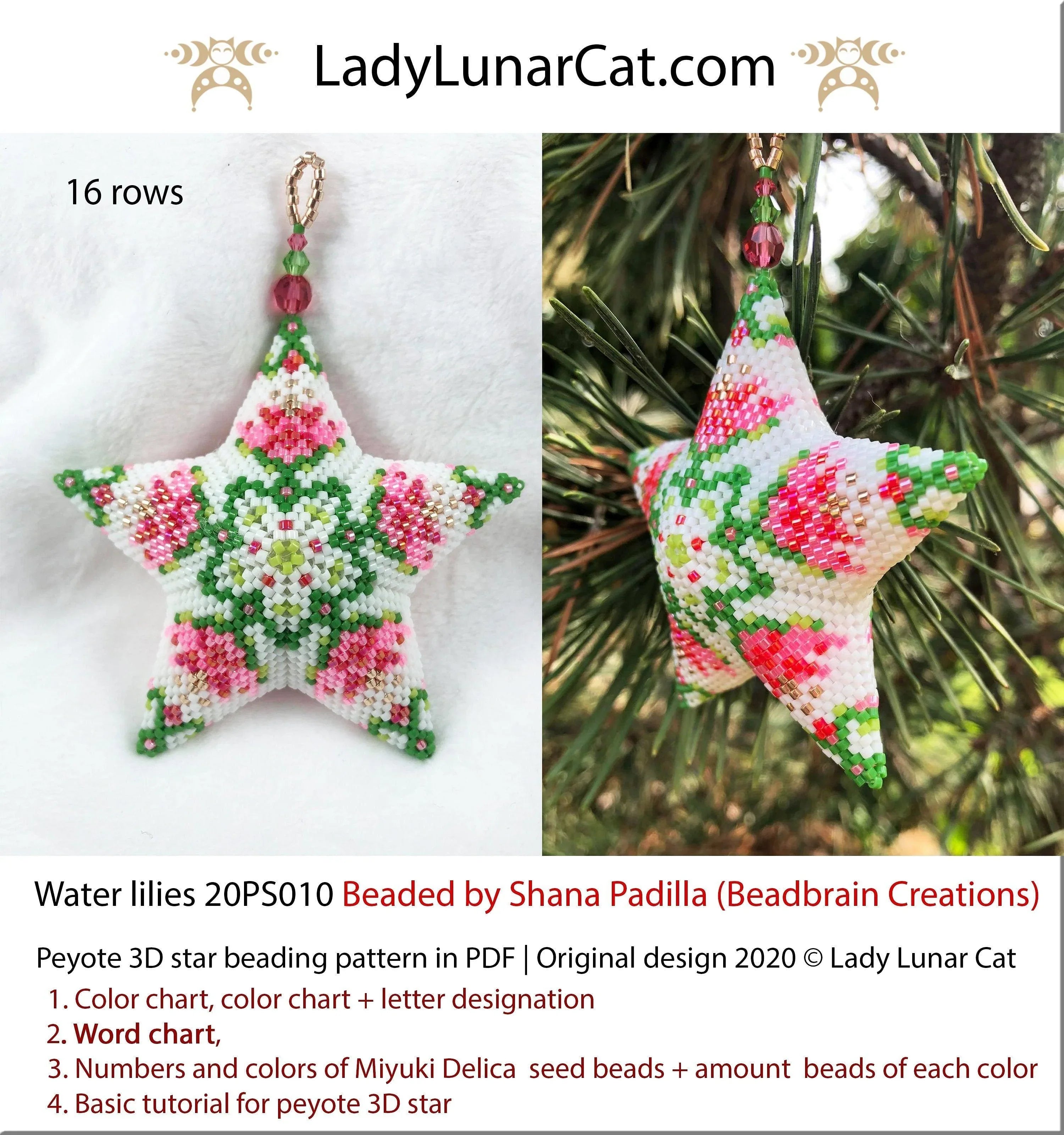 Water Lilies peyote star - 31 beads 16 rows 6 colors summer pond PDF LadyLunarCat