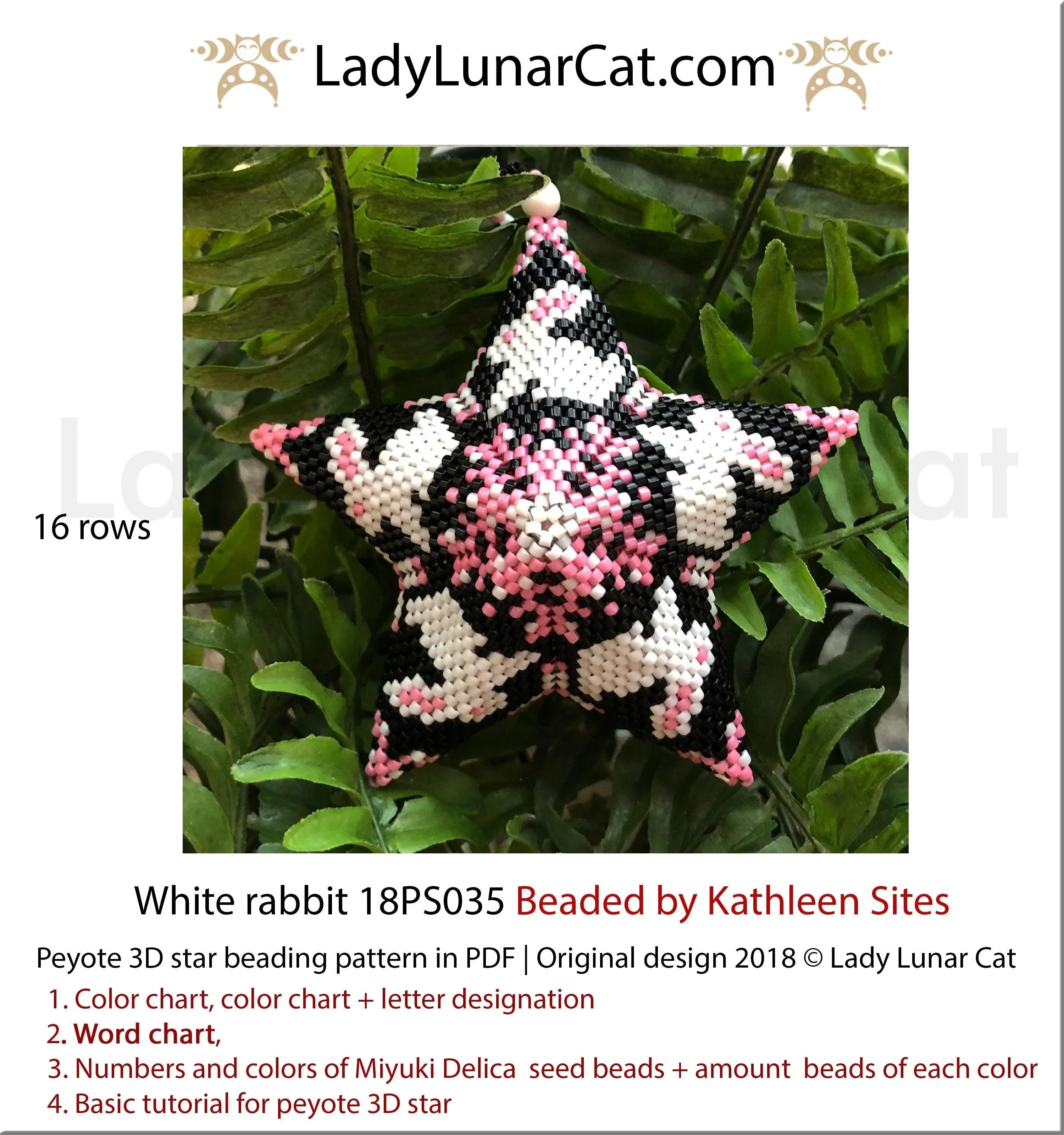 White Rabbit peyote star beaded by Kathleen Sites katbug66 - finished example LadyLunarCat