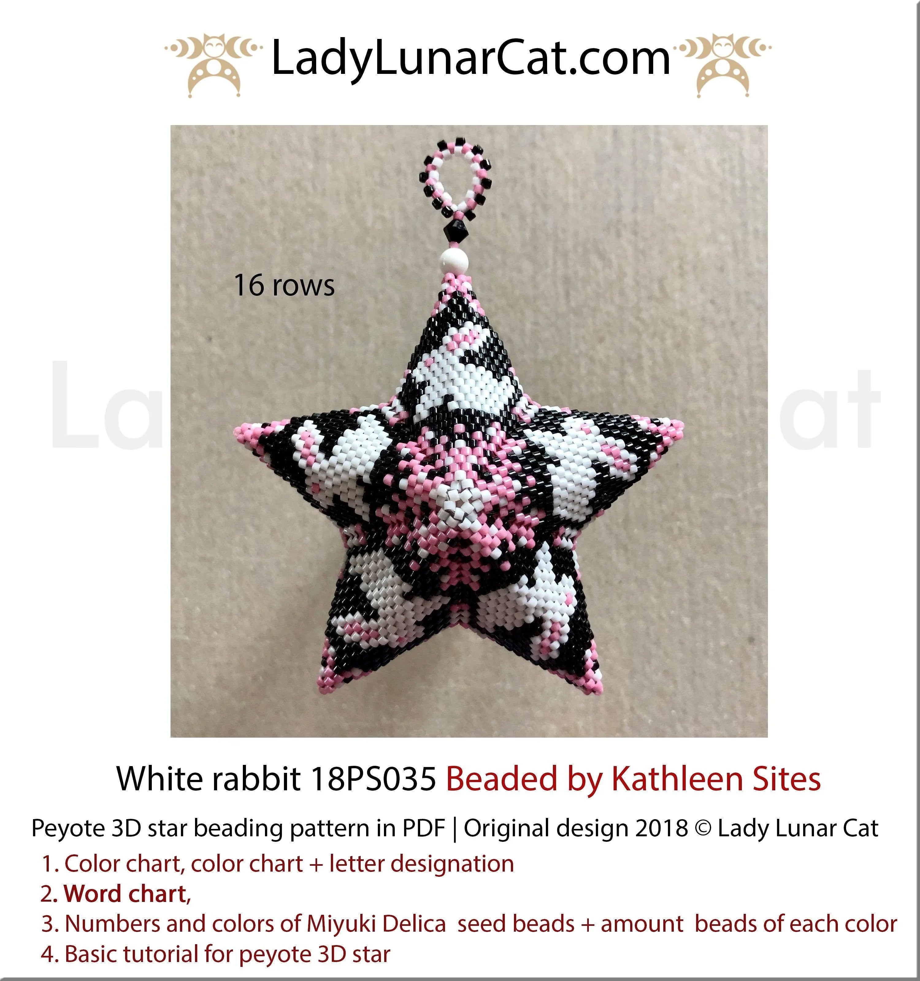 White Rabbit peyote star 18PS035 - 31 beads 16 rows 3 colors whimsical Easter animal PDF LadyLunarCat