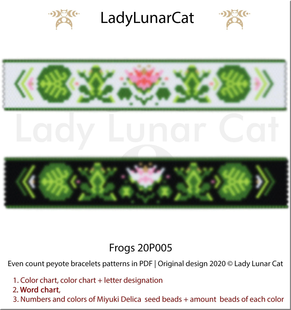 Frogs peyote bracelet 20P005 - 2 versions 88x20 beads 6+6 colors summer pond PDF LadyLunarCat