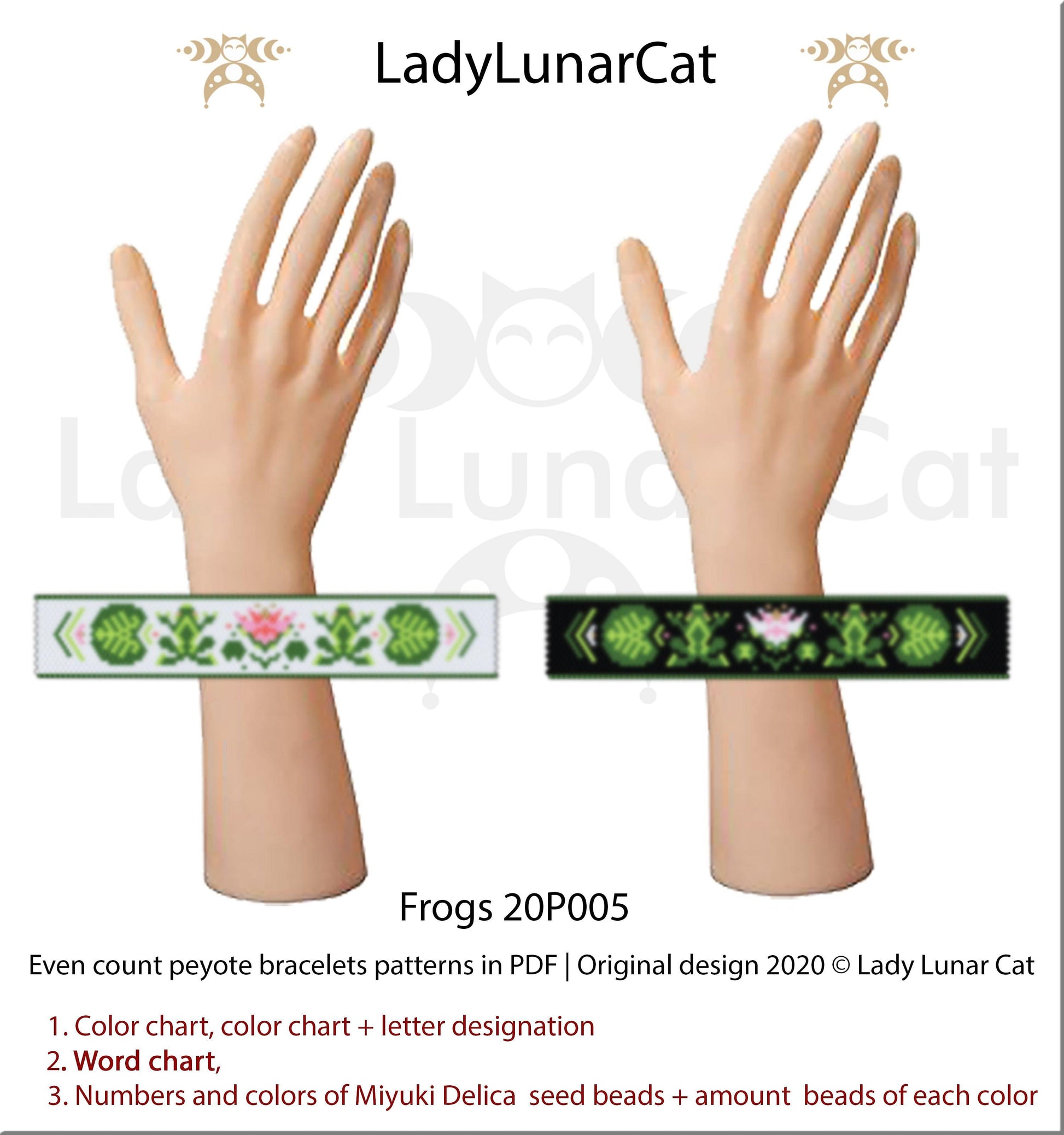 Even count peyote bracelet pattern for beading Frogs 20P005 LadyLunarCat