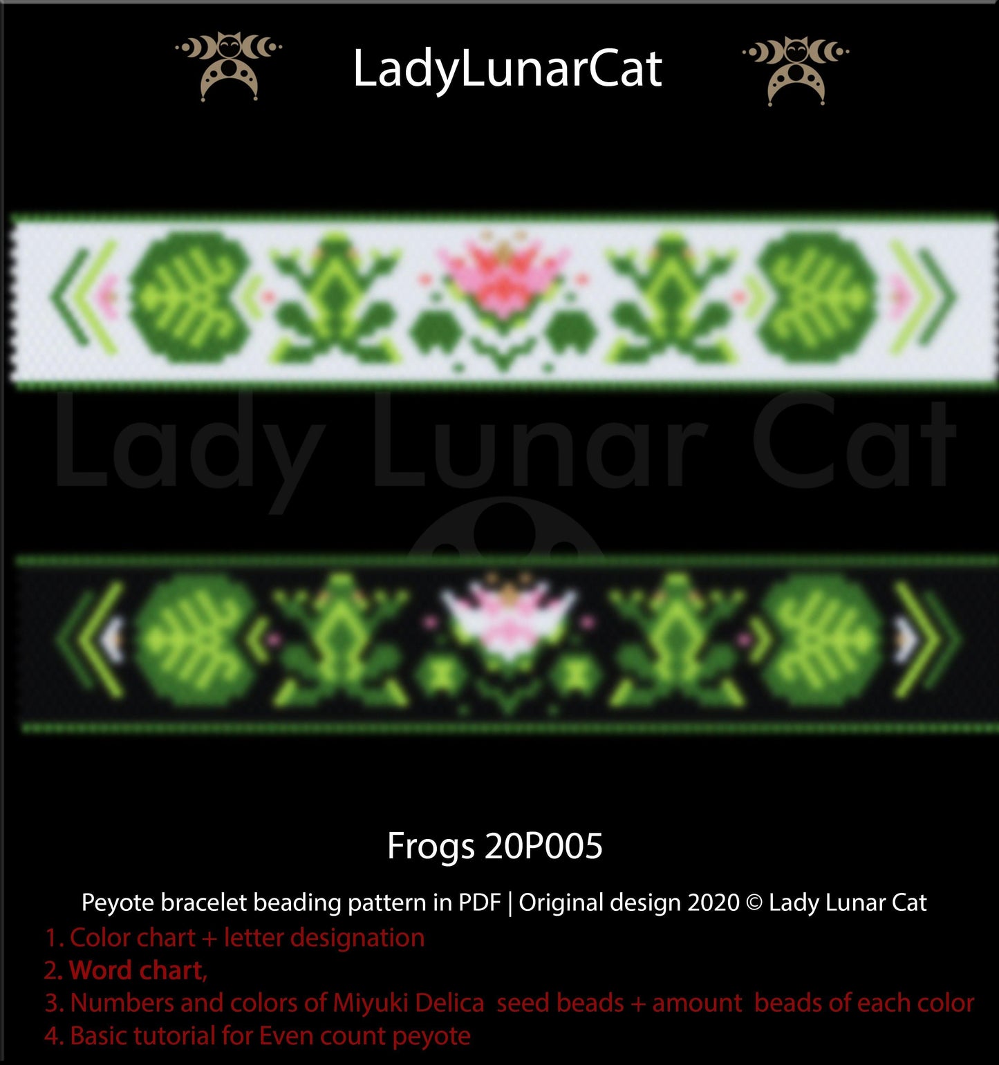 Even count peyote bracelet pattern for beading Frogs 20P005 LadyLunarCat