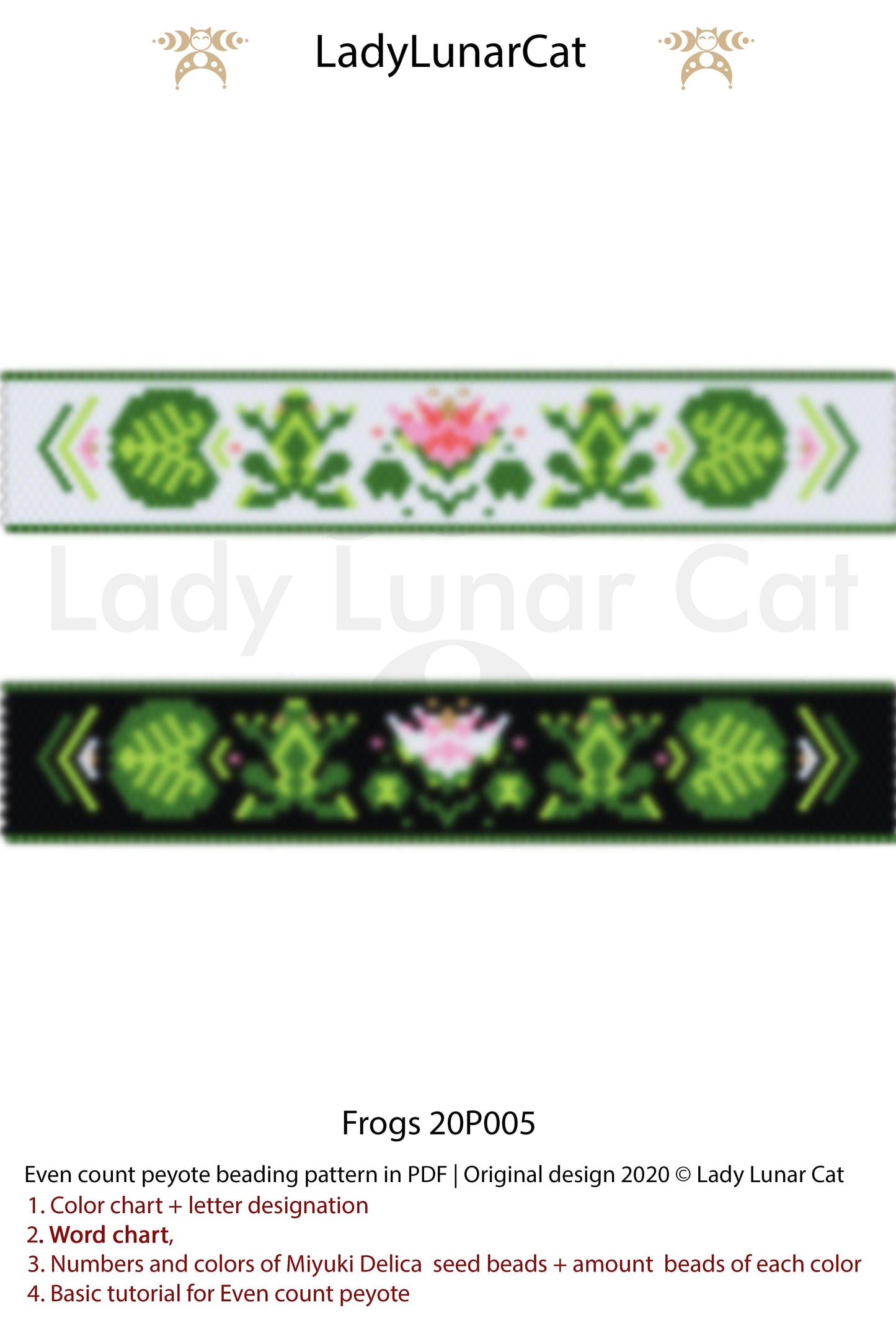 Even count peyote bracelet pattern for beading Frogs 20P005 LadyLunarCat