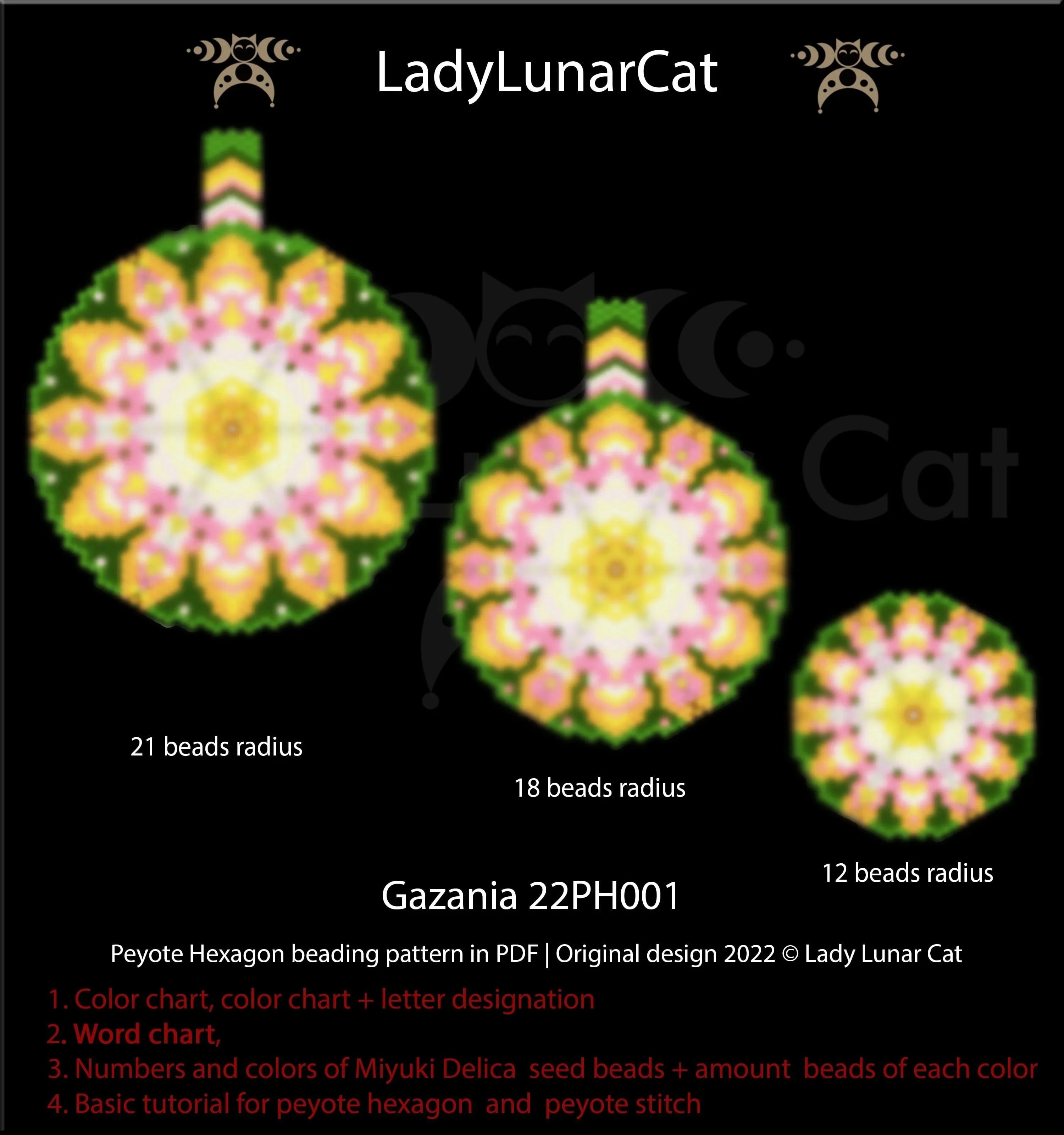Gazania floral peyote hexagon beading pattern — 3 sizes, 8 colors, Miyuki Delica 11/0