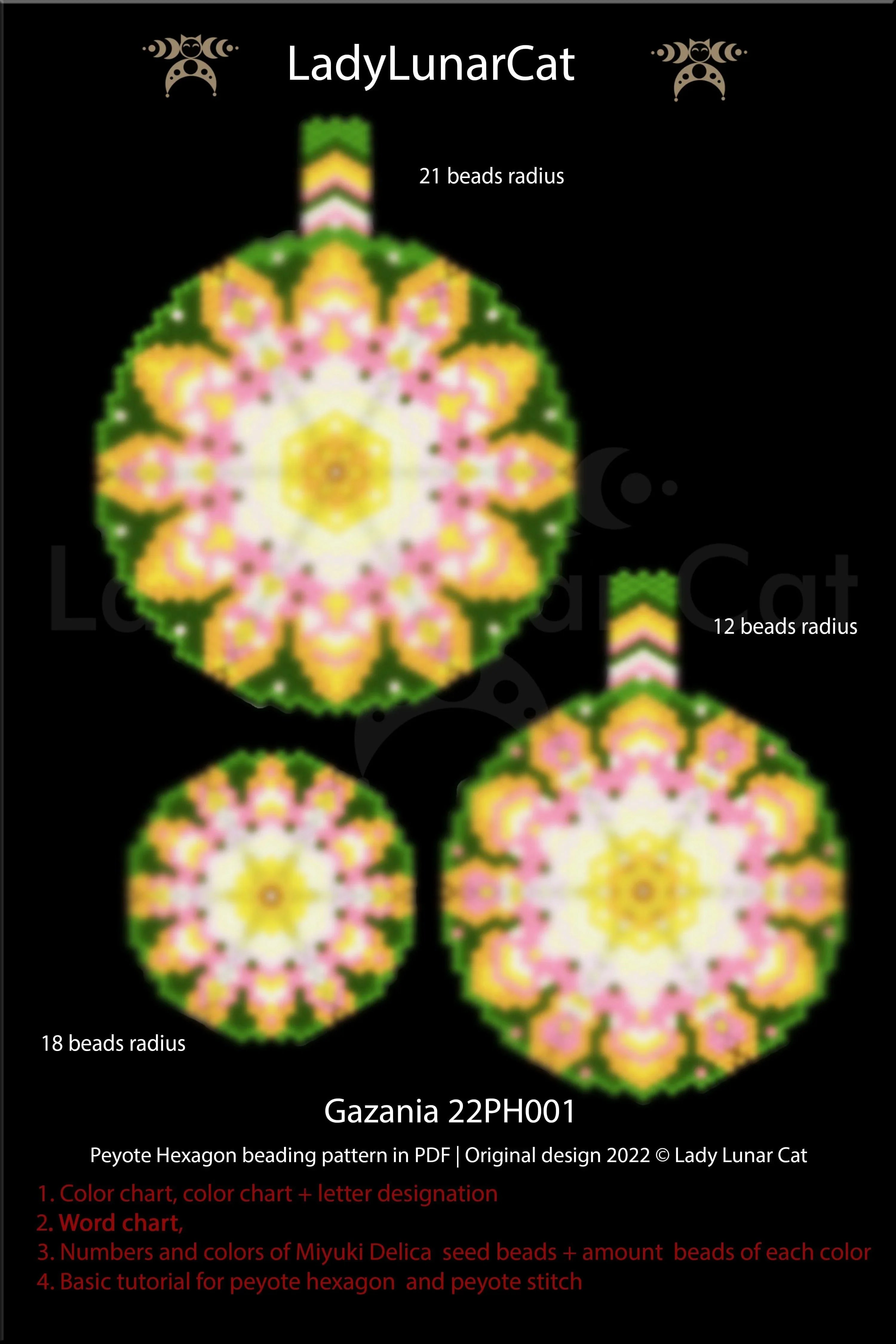 Beaded Gazania sun flower pendant — peyote hexagon tutorial PDF, all levels
