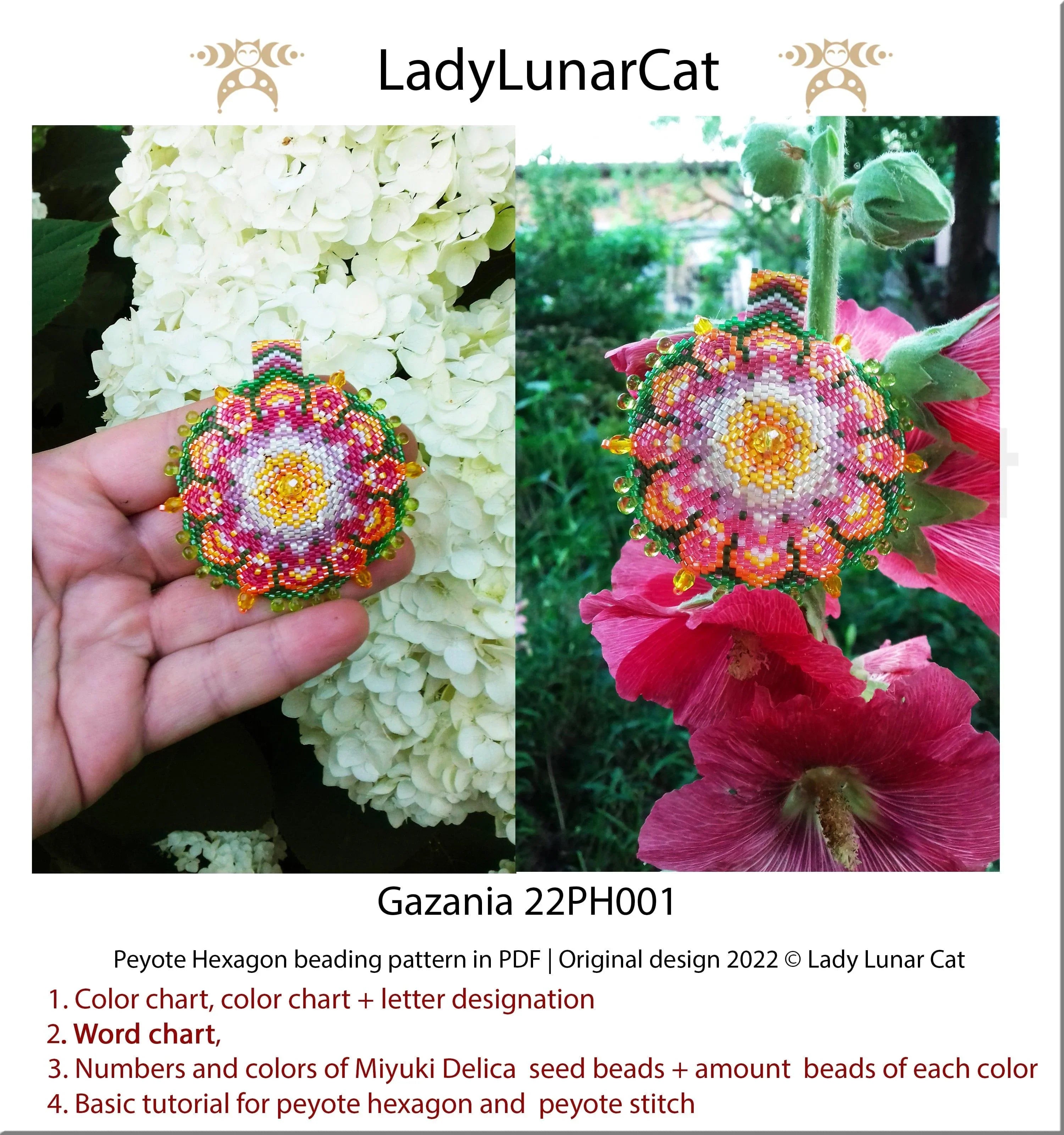 Gazania peyote hexagon pattern PDF by Lady Lunar Cat — 3 sizes sun flower 22PH001