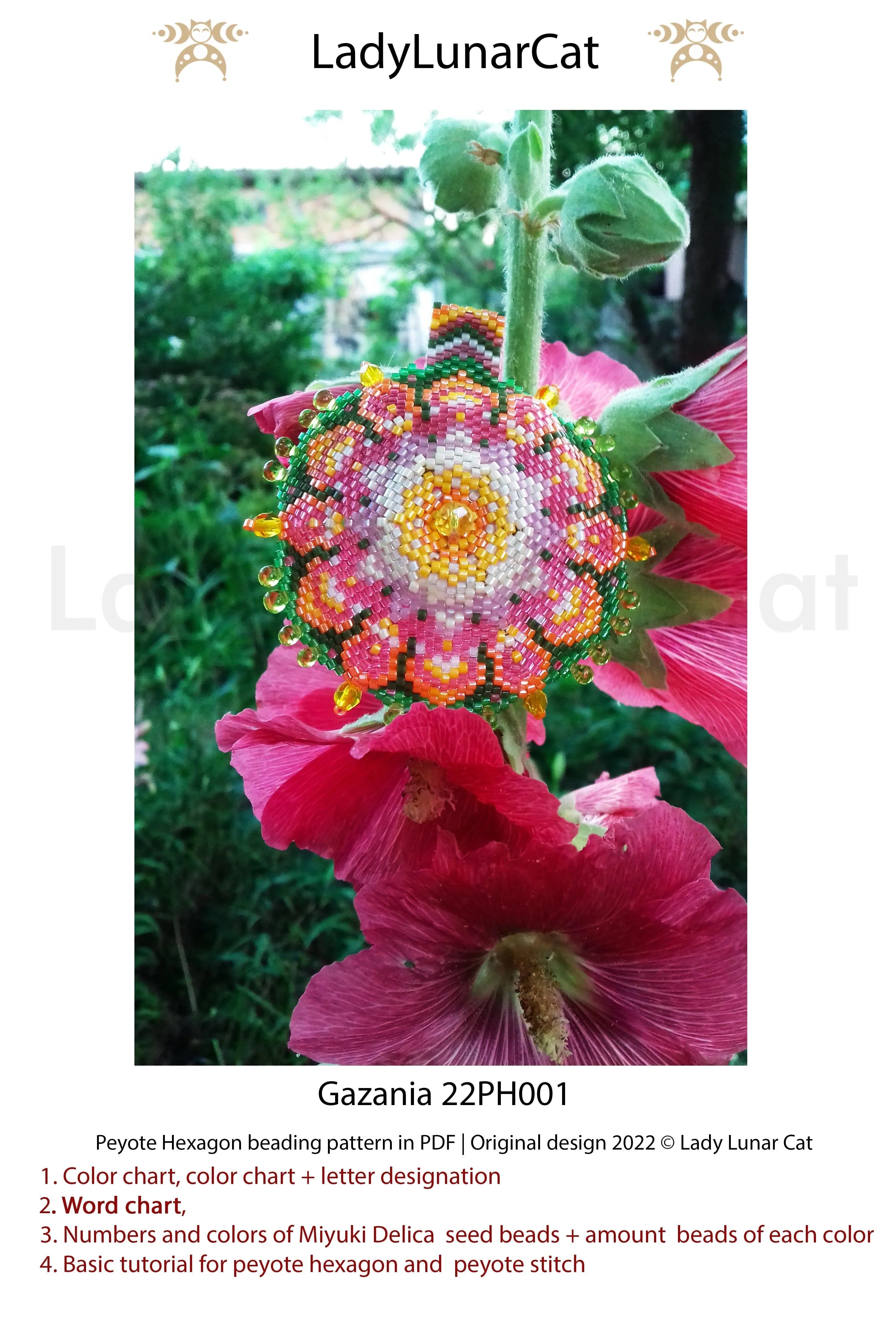 Gazania hexagon beading pattern preview — 3 sizes, colored graph paper included