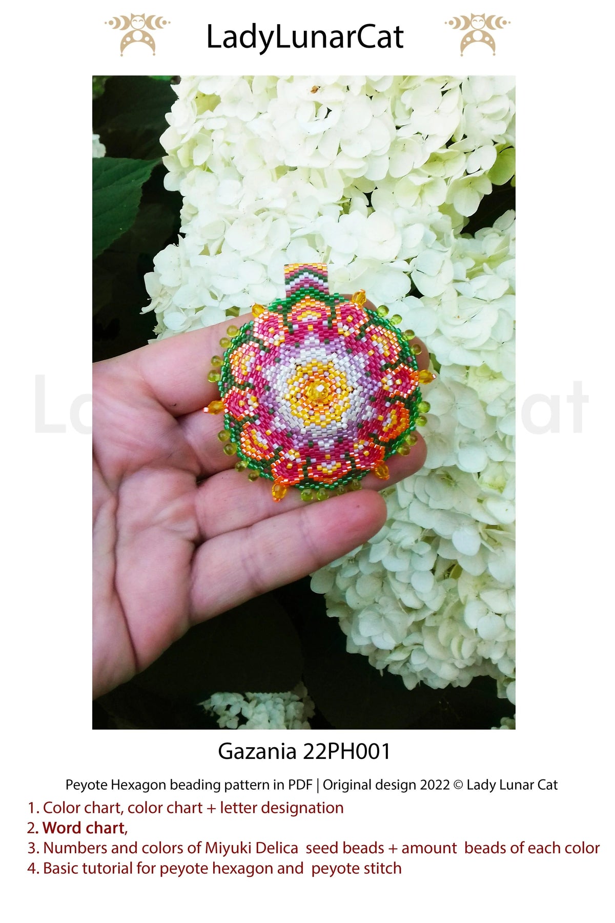 Lady Lunar Cat Gazania peyote hexagon — floral pendant beading PDF 22PH001