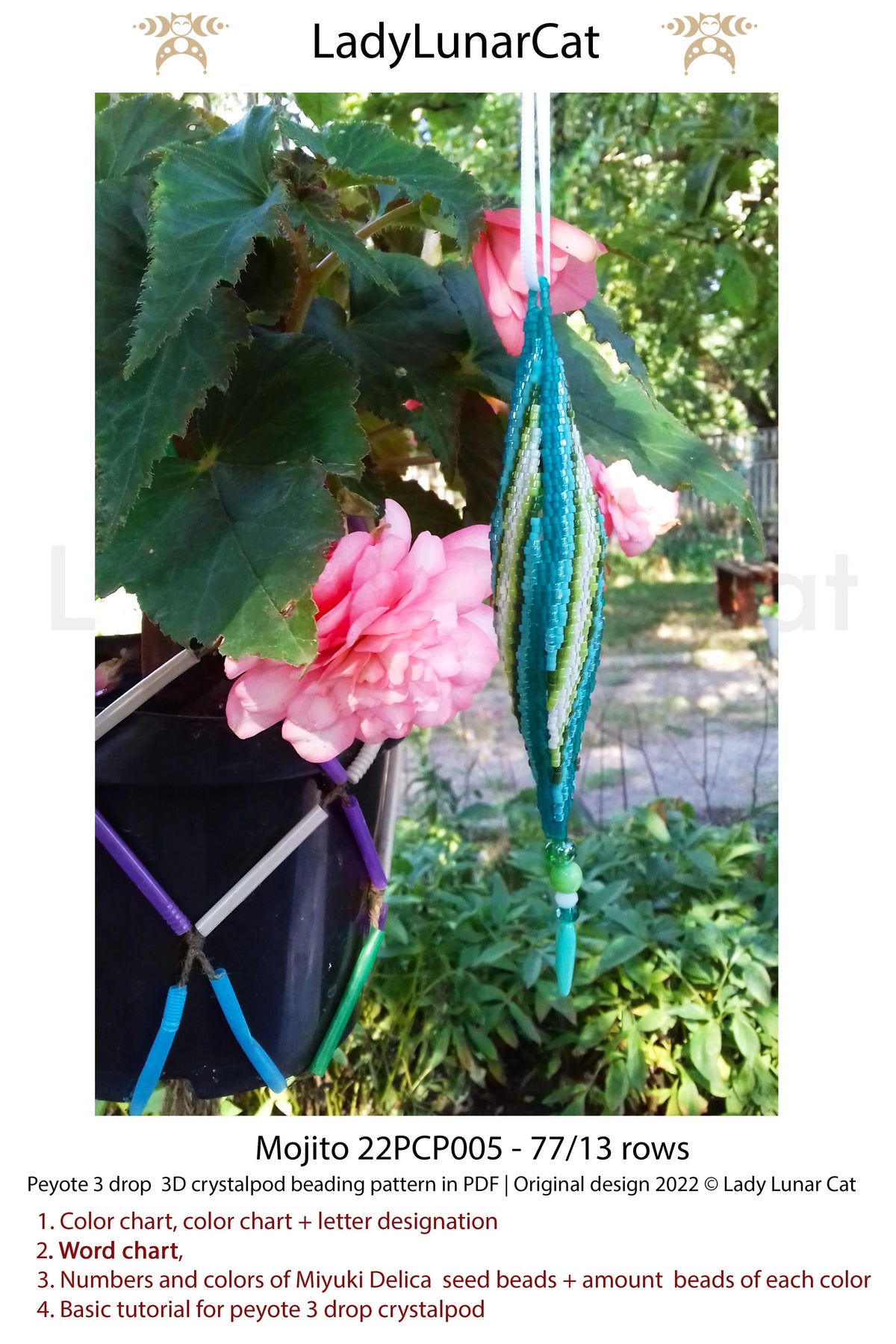 Mojito peyote pod worn as pendant - mint summer jewelry instant download LadyLunarCat