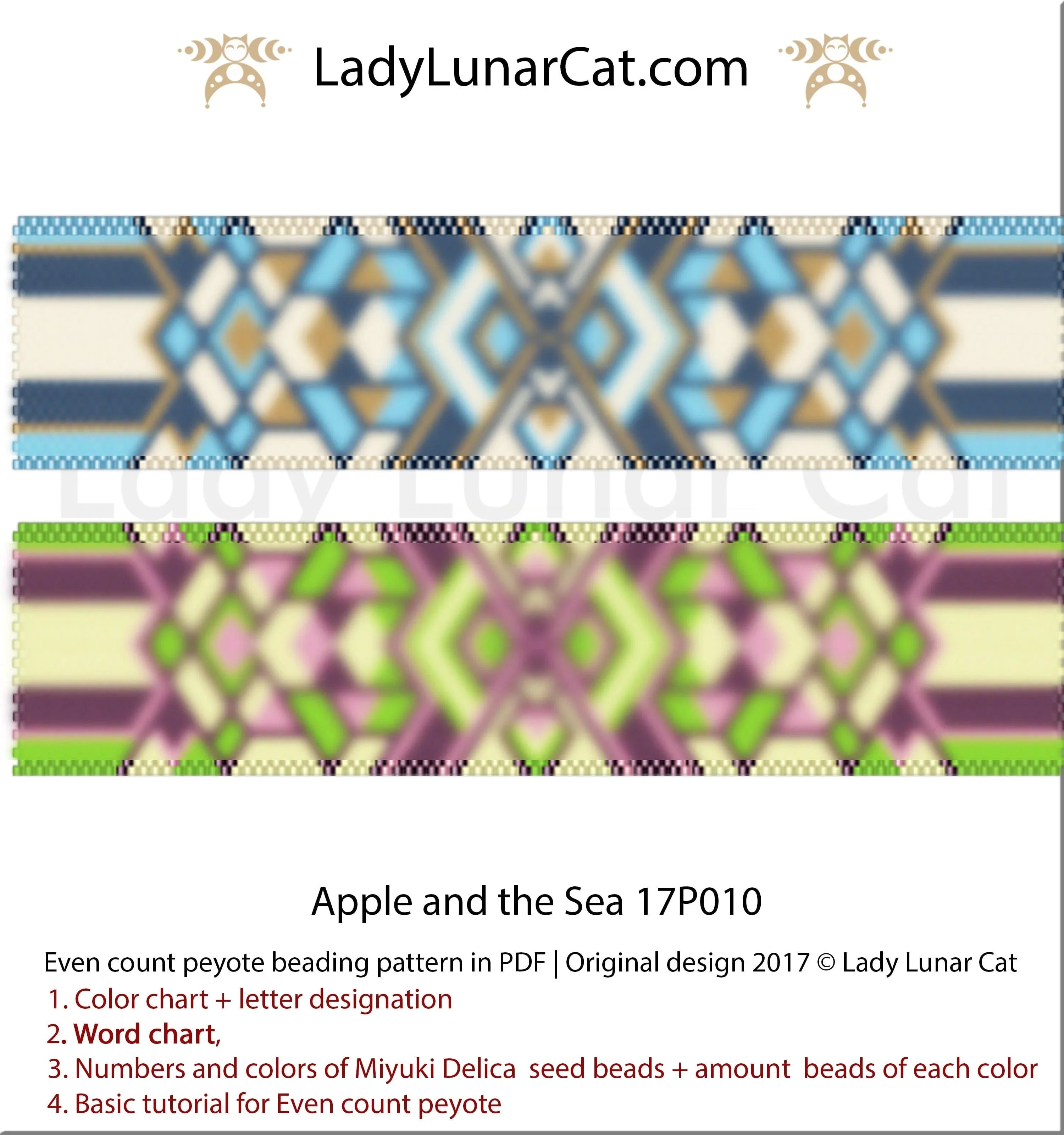Apple and the Sea peyote bracelet - 91x28 beads 2 colorways abstract folk PDF LadyLunarCatLadyLunarCat