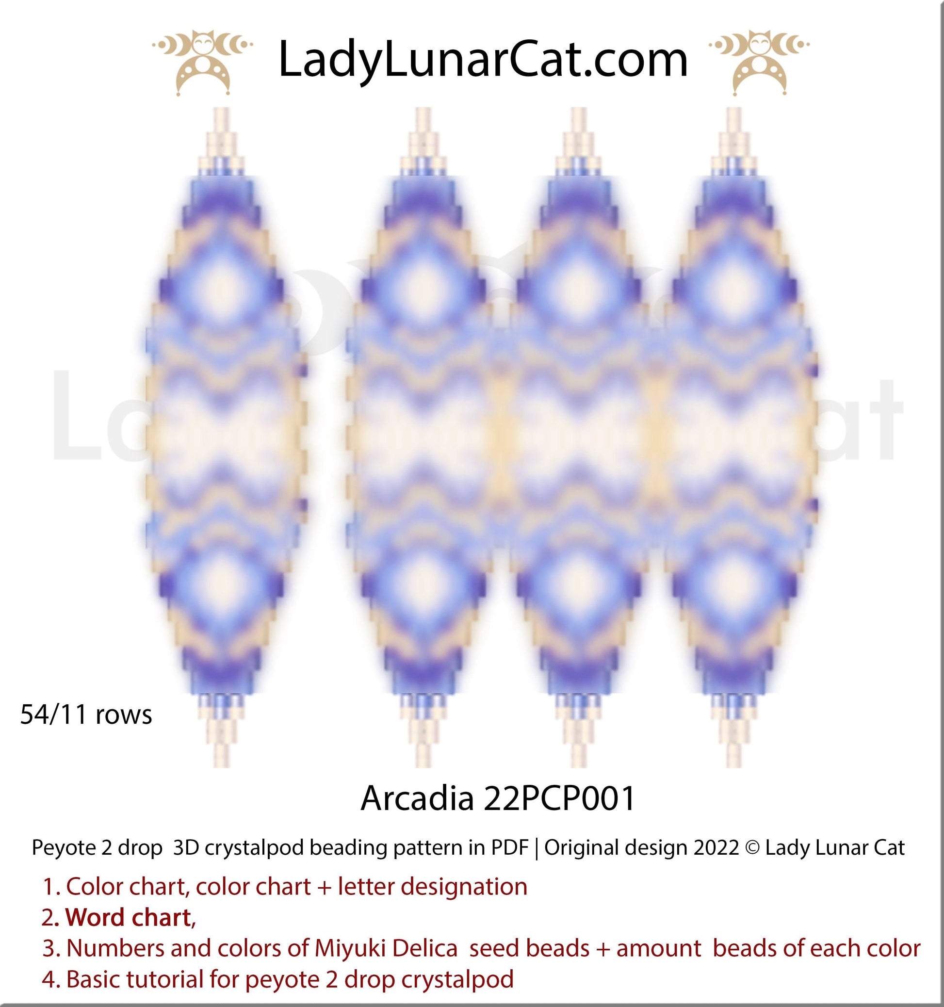 Peyote 2drop pod pattern or crystalpod pattern for beading  Arcadia 22PCP001 LadyLunarCat