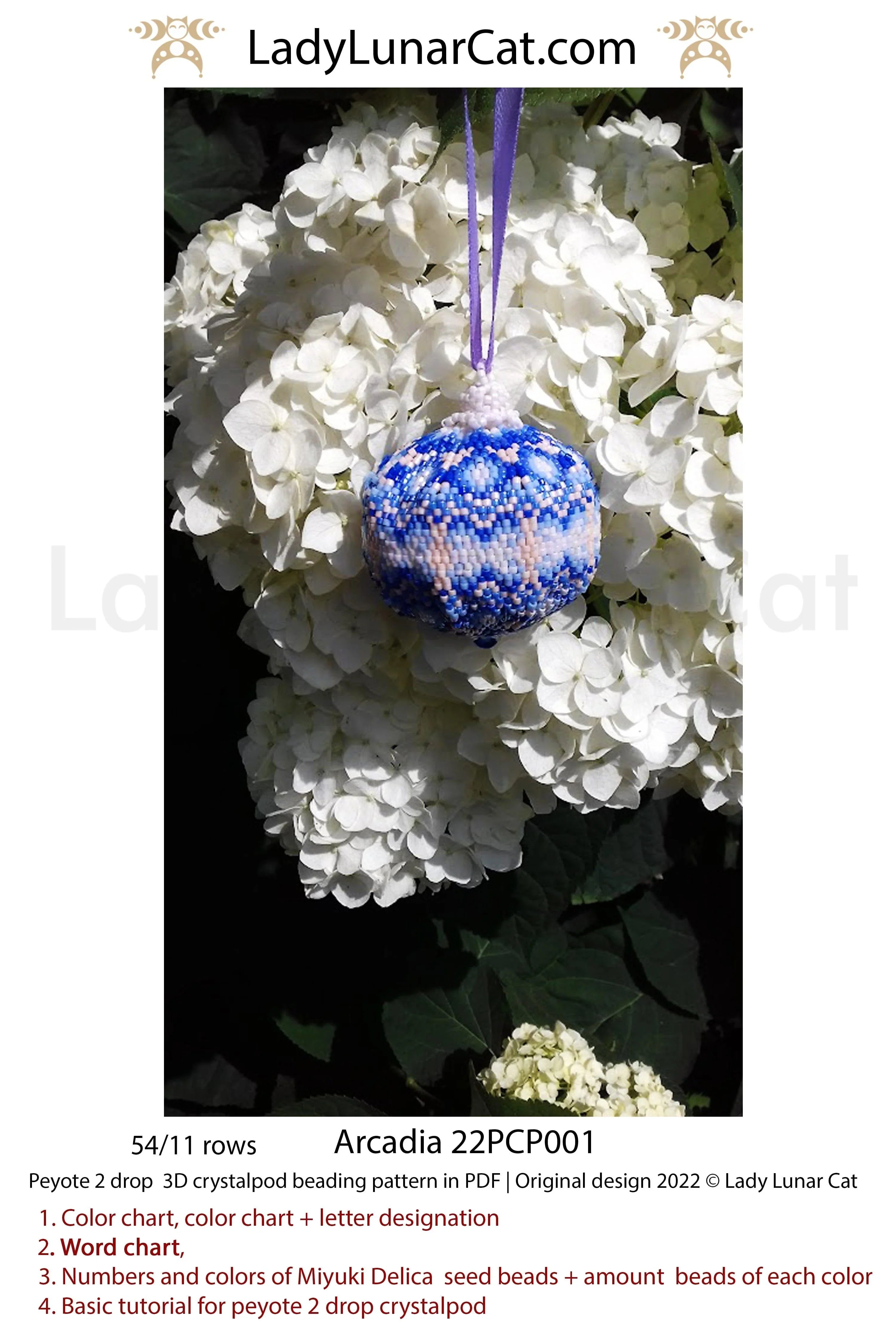 Arcadia peyote 2-drop crystalpod — summer seaside blue hydrangea pendant, Lady Lunar Cat