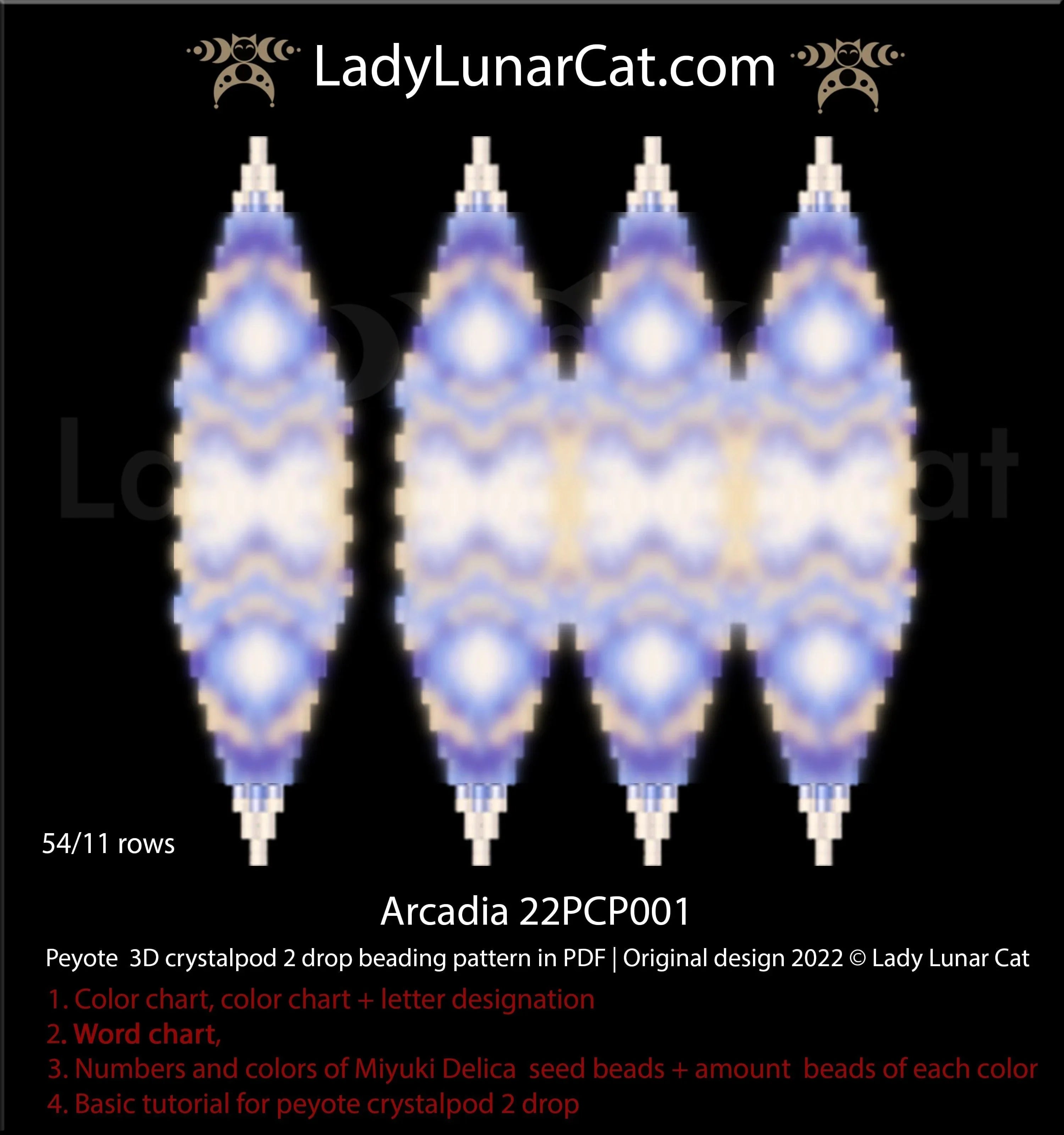 Peyote 2-drop crystalpod Arcadia — 54-bead pod, 11 rows, summer blue, instant download