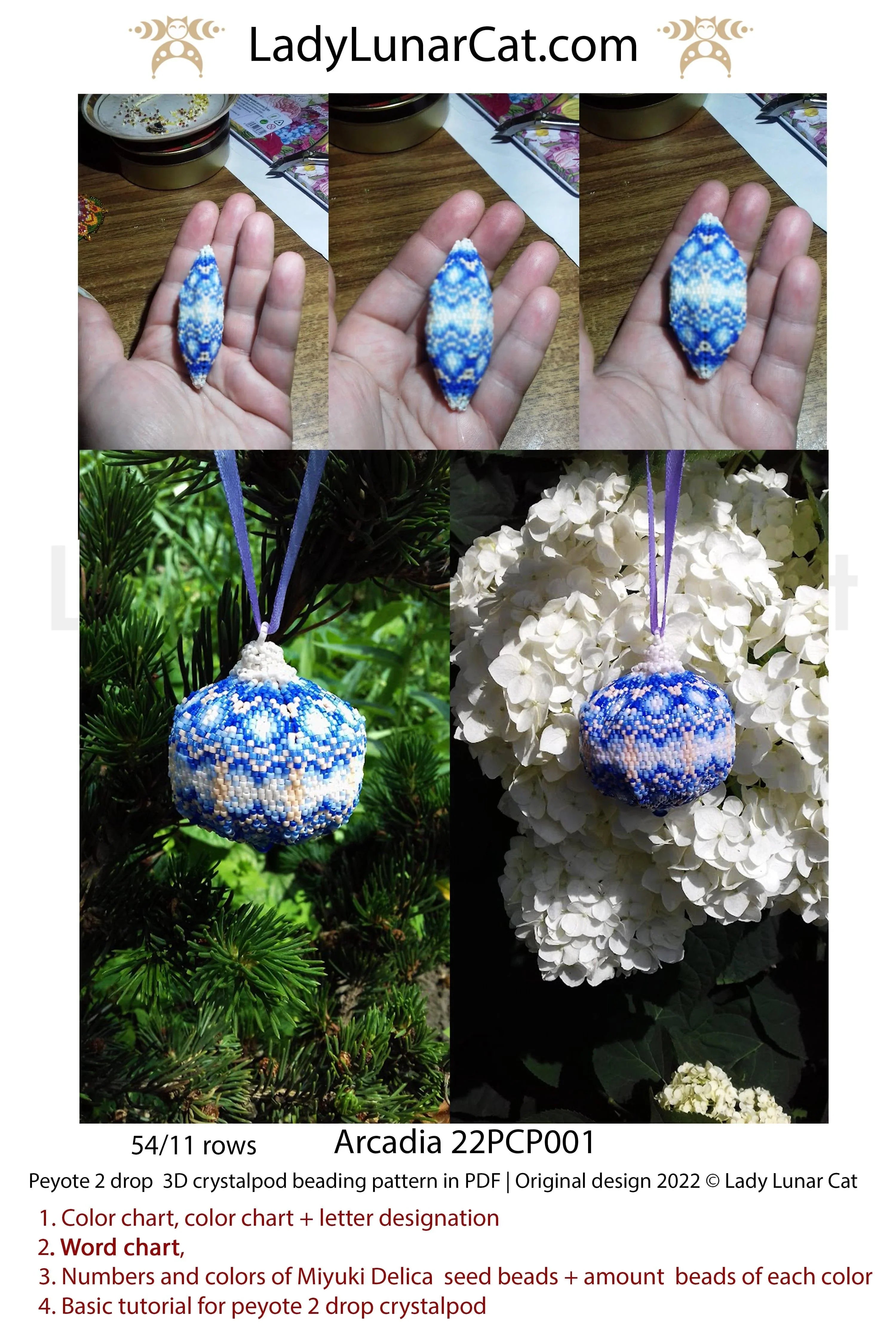 Lady Lunar Cat Arcadia 2-drop crystalpod — blue hydrangea beading PDF 22PCP001