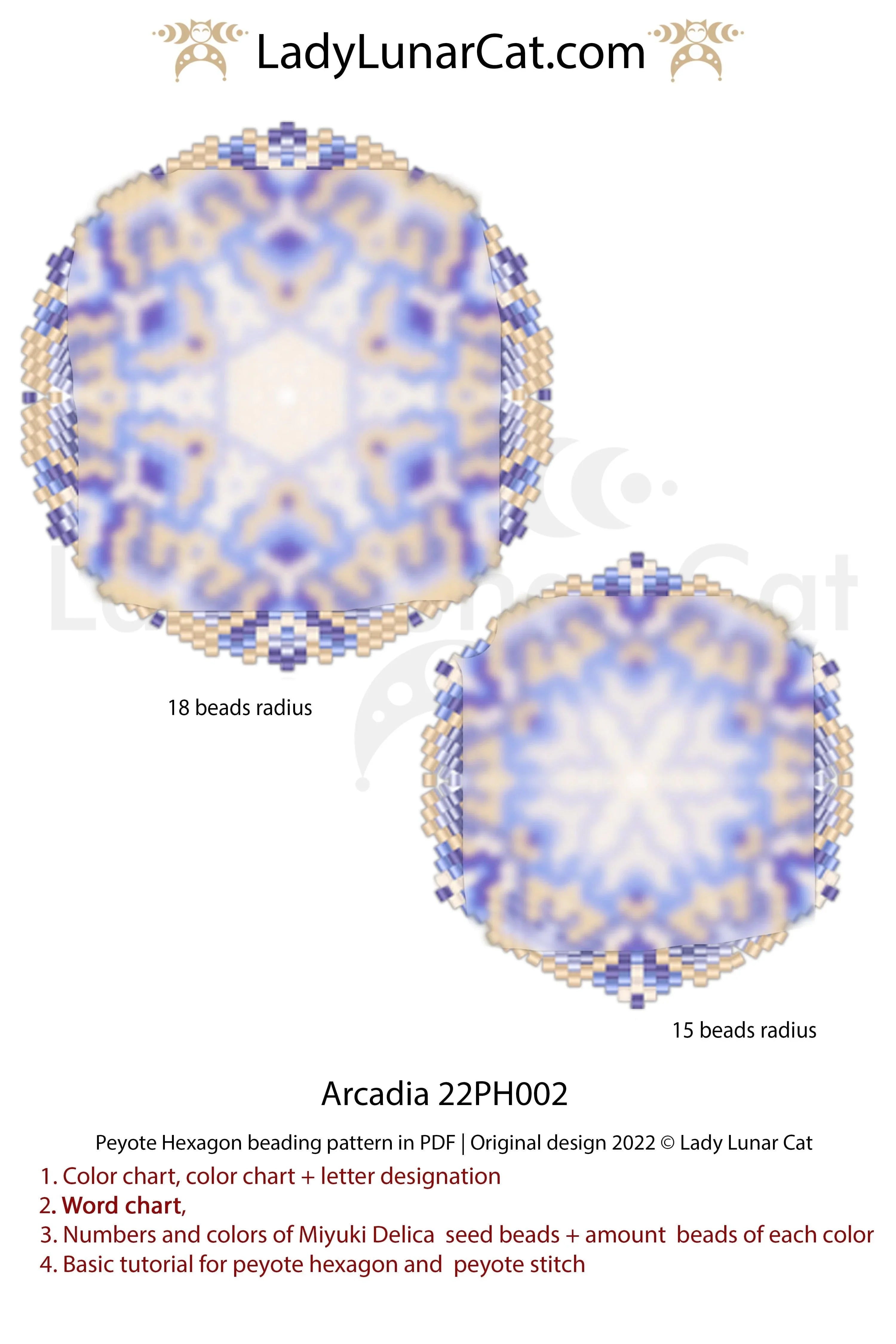 Arcadia peyote hexagon pattern PDF by Lady Lunar Cat — 2 sizes summer 22PH002