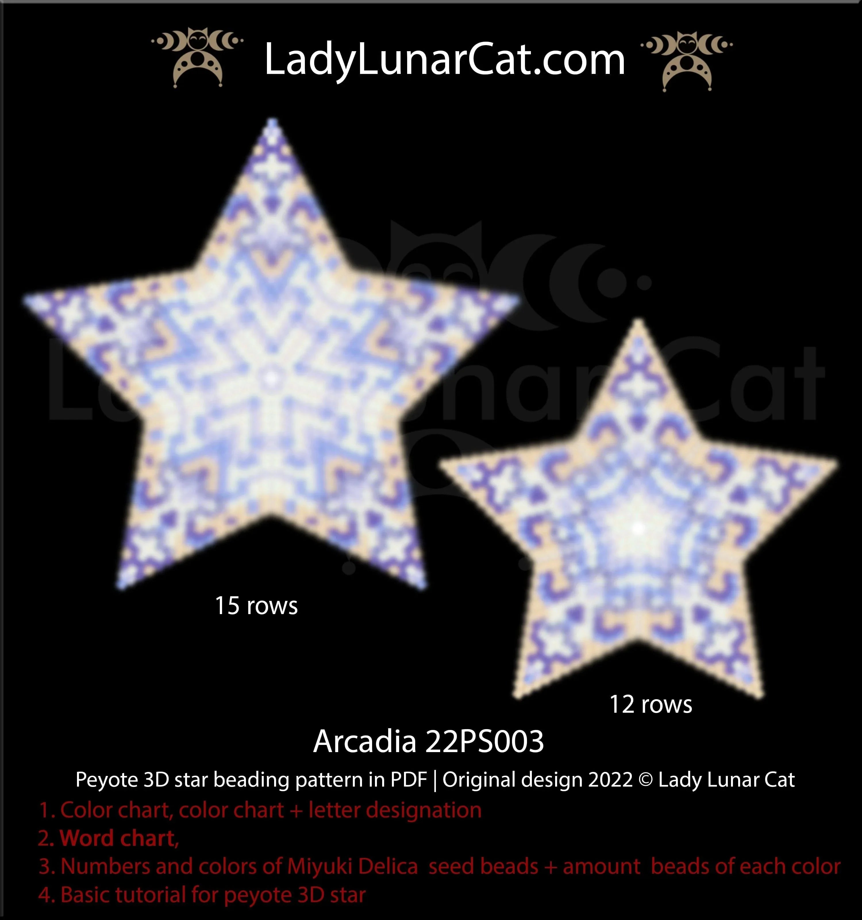 Arcadia peyote star pattern PDF by Lady Lunar Cat — 2 sizes blue hydrangea 22PS003