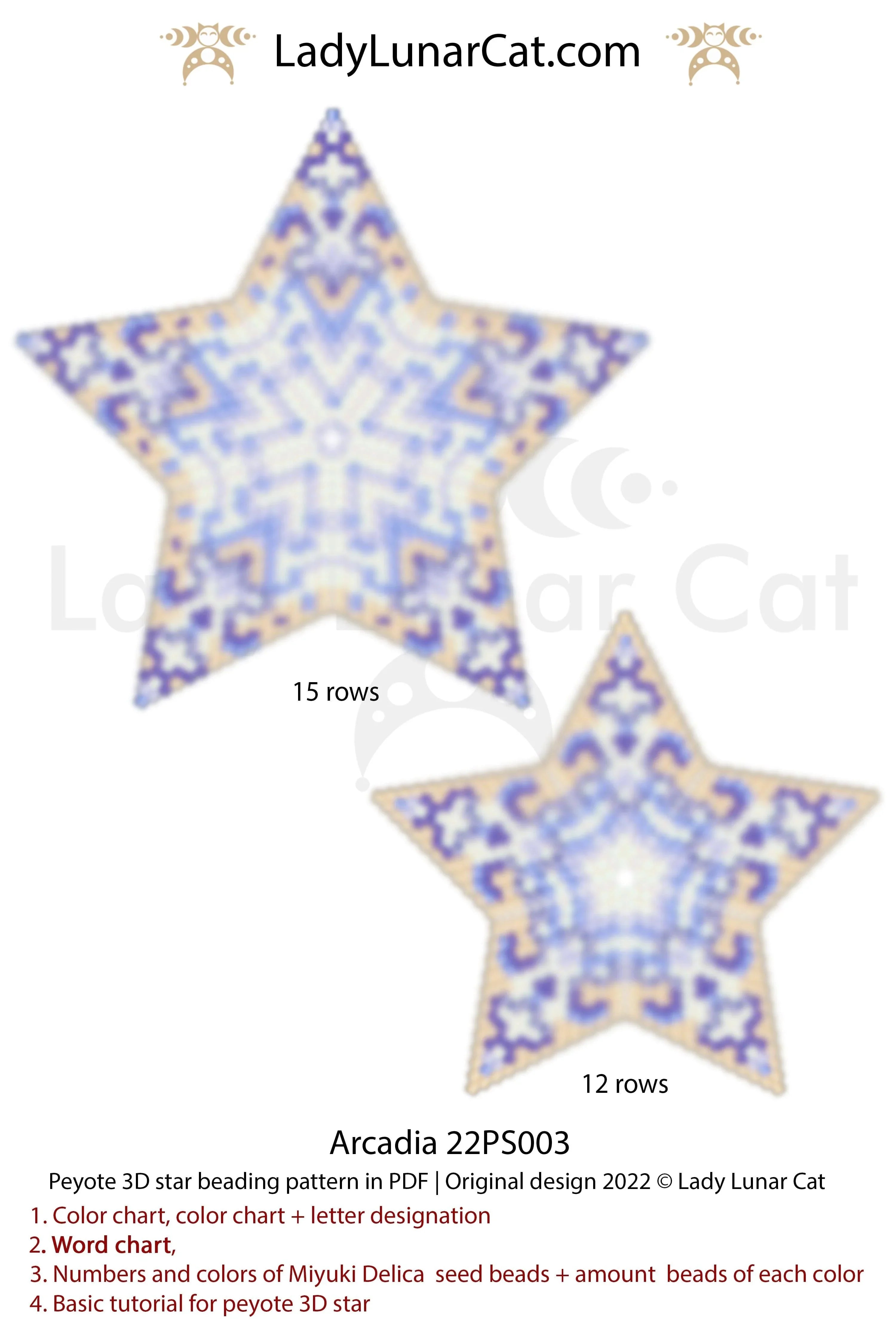 Arcadia peyote star beading pattern preview — 2 sizes, 6 colors, graph paper included