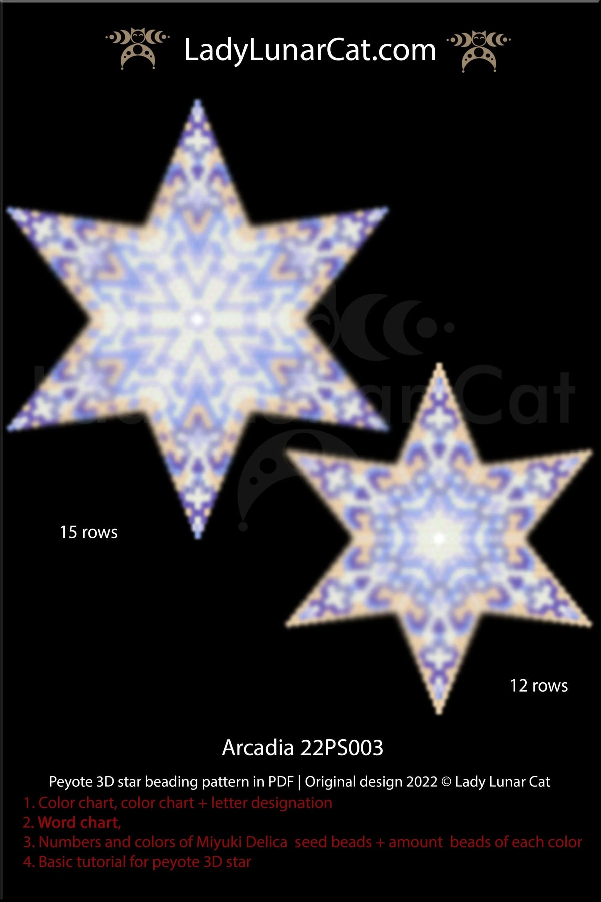 Lady Lunar Cat Arcadia peyote star — blue hydrangea beading PDF 22PS003