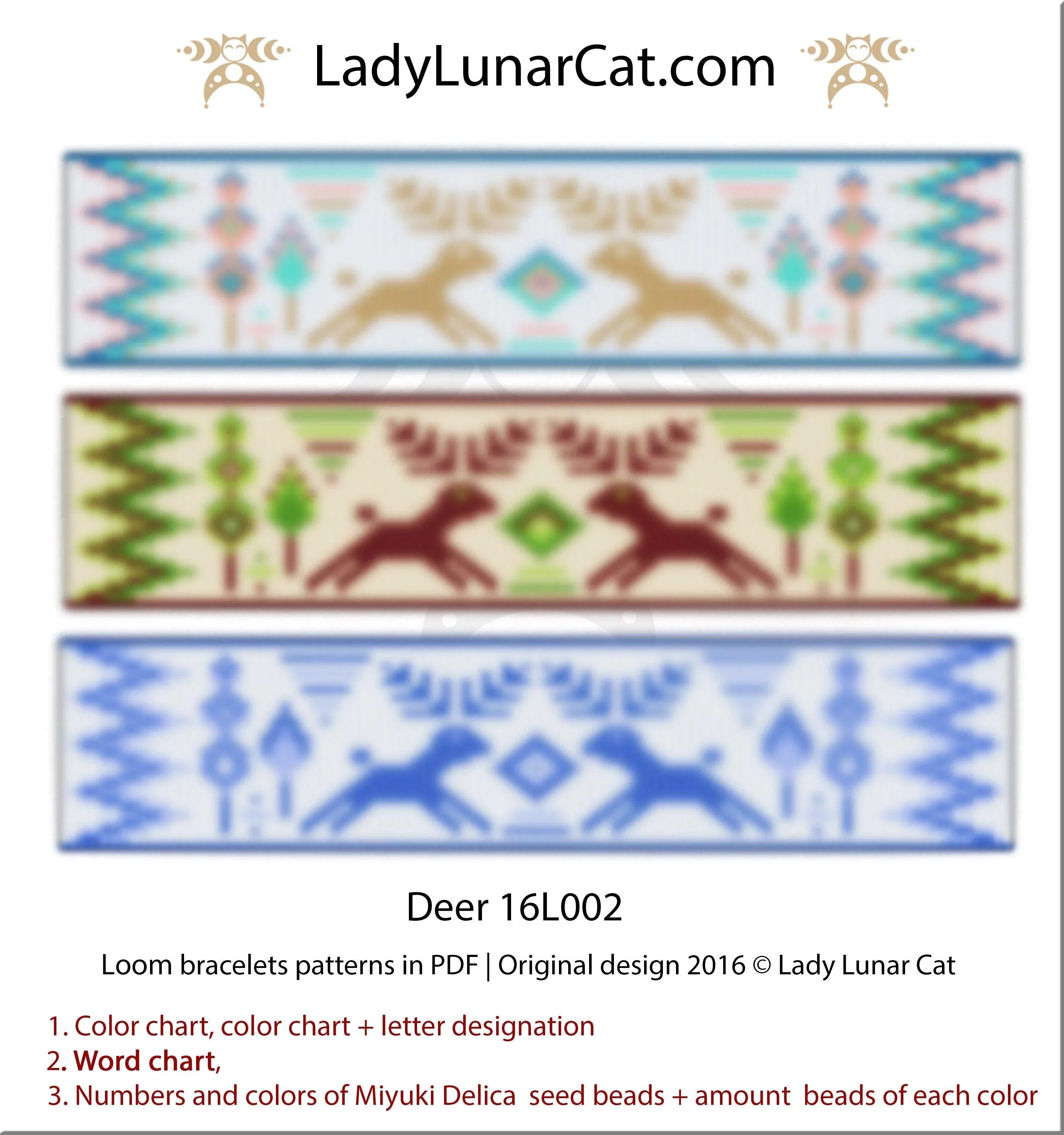 Christmas deer bead loom bracelet by Lady Lunar Cat — 3 versions reindeer winter animal beading PDF 16L002