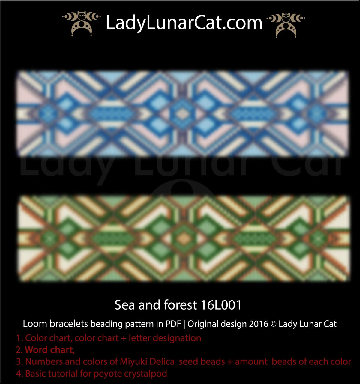 Sea forest bead loom bracelet pattern by Lady Lunar Cat — 2 versions nature ocean gift for him beading PDF 16L001