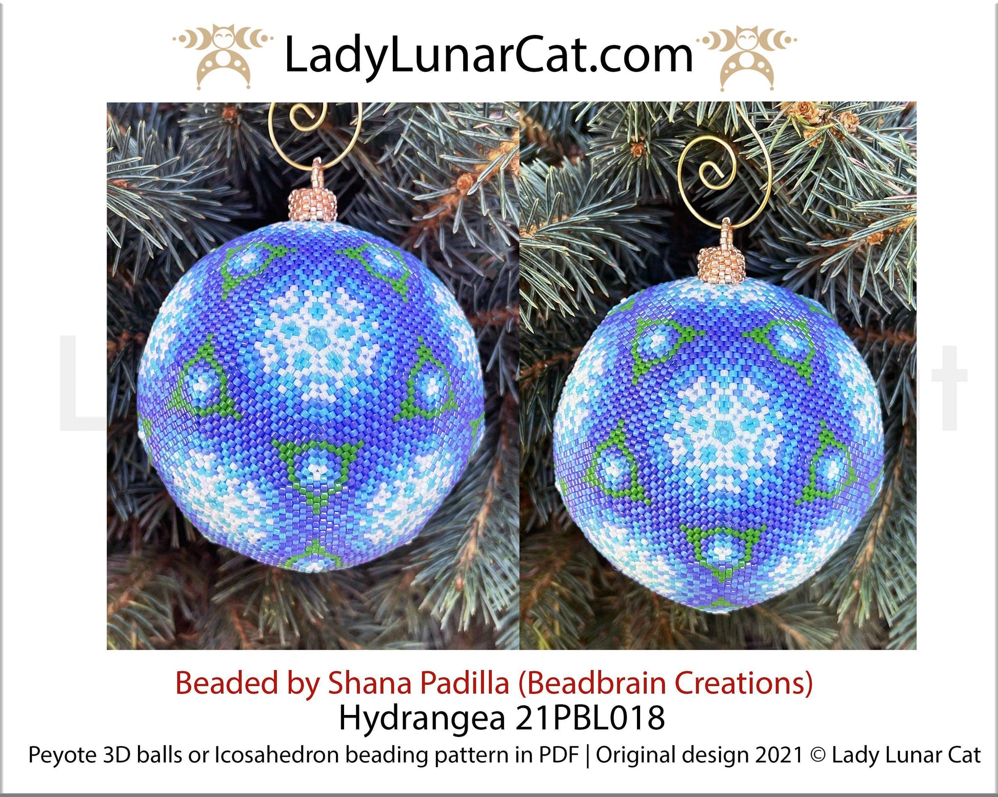 Beaded ball pattern for beading | Peyote 3d Icosahedron Hydrangea 21PBL018 16 rows LadyLunarCat