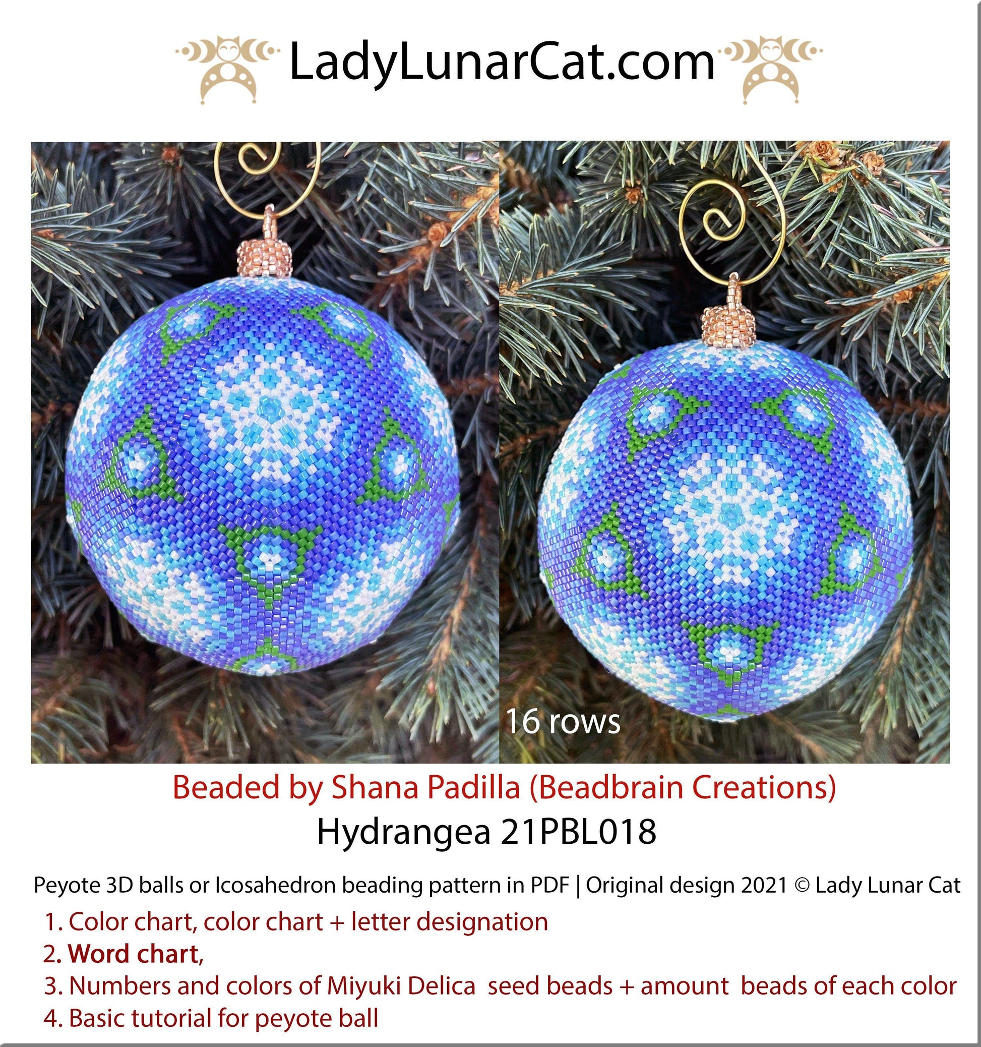 Beaded ball pattern for beading | Peyote 3d Icosahedron Hydrangea 21PBL018 16 rows LadyLunarCat