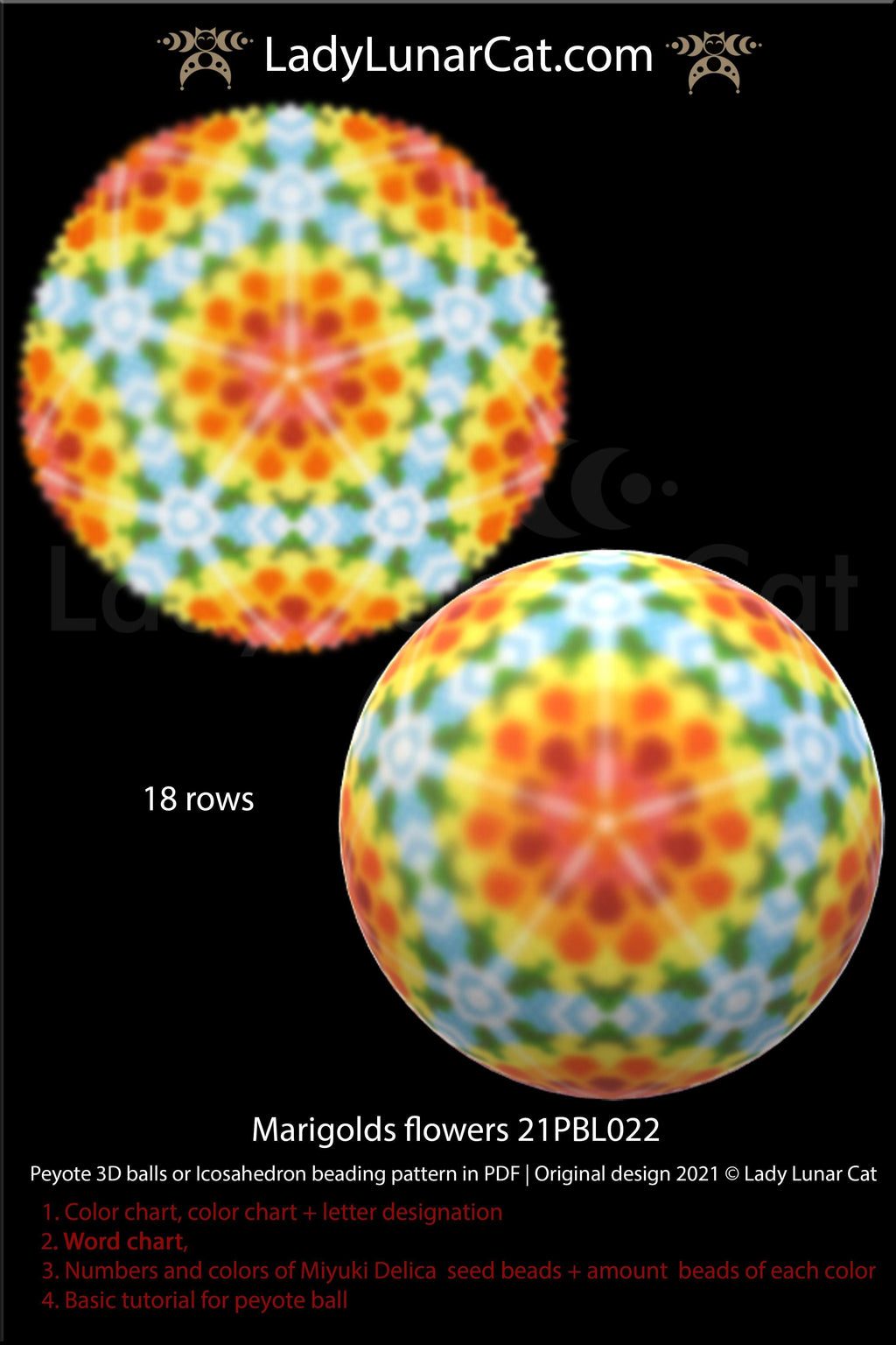 Beaded ball pattern for beading | Peyote 3d Icosahedron Marigolds flowers 21PBL022 18 rows LadyLunarCat