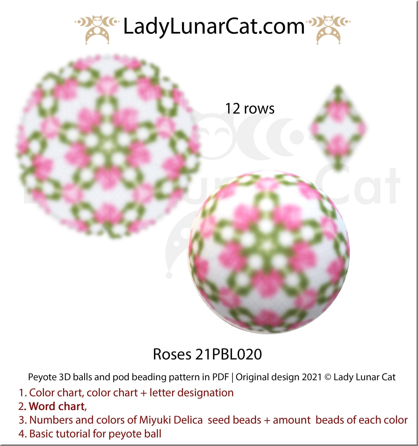 Beaded ball pattern for beading | Peyote 3d Icosahedron Wild Rose 21PBL019 16 rows LadyLunarCat