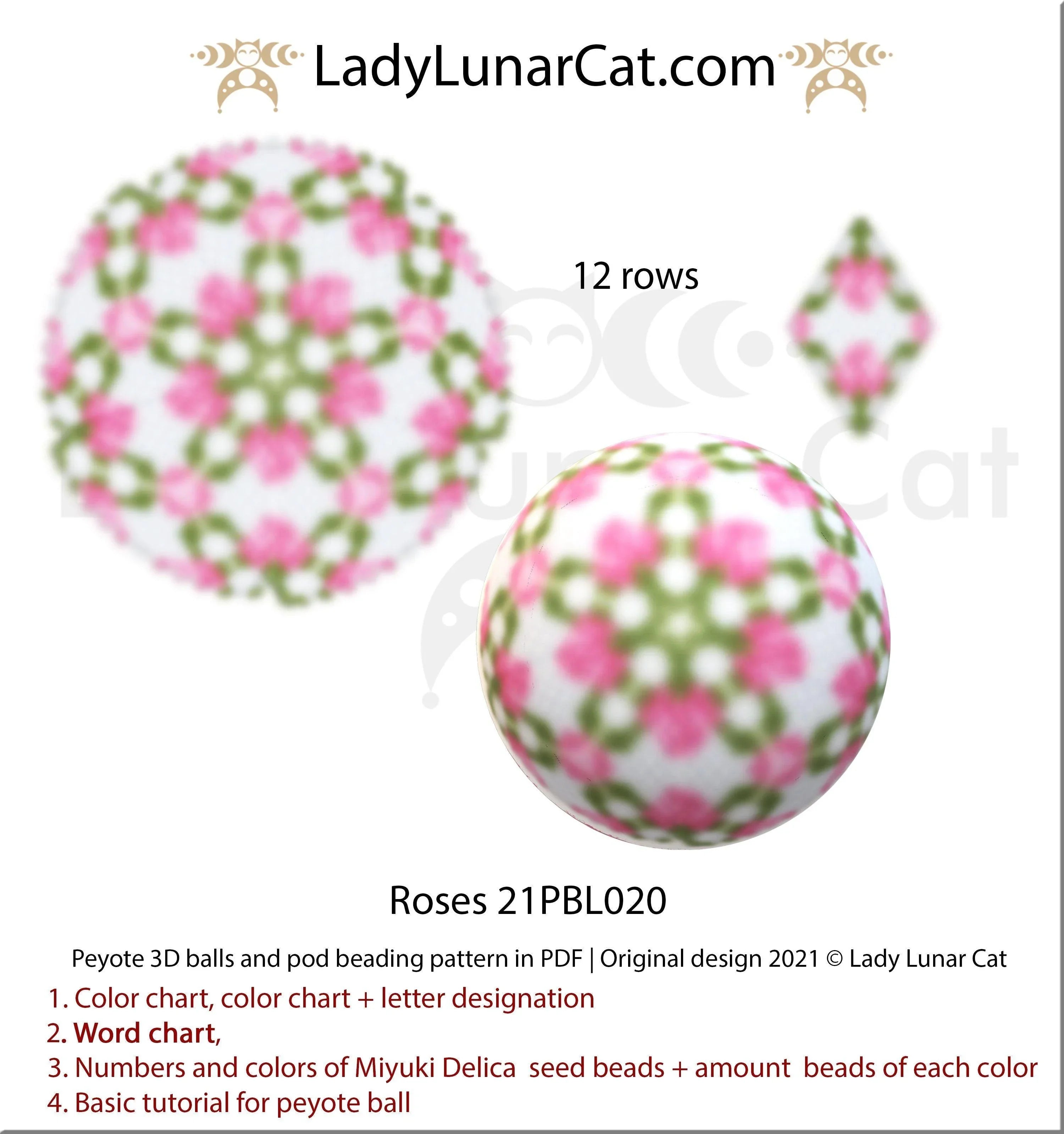 Roses peyote 3D ball and pod - 12 rows 4 colors floral Valentine PDF LadyLunarCat