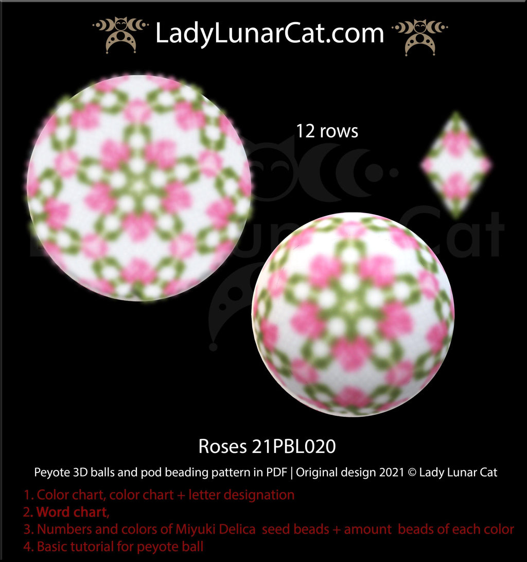 Beaded ball pattern for beading | Peyote 3d Icosahedron Wild Rose 21PBL019 16 rows LadyLunarCat