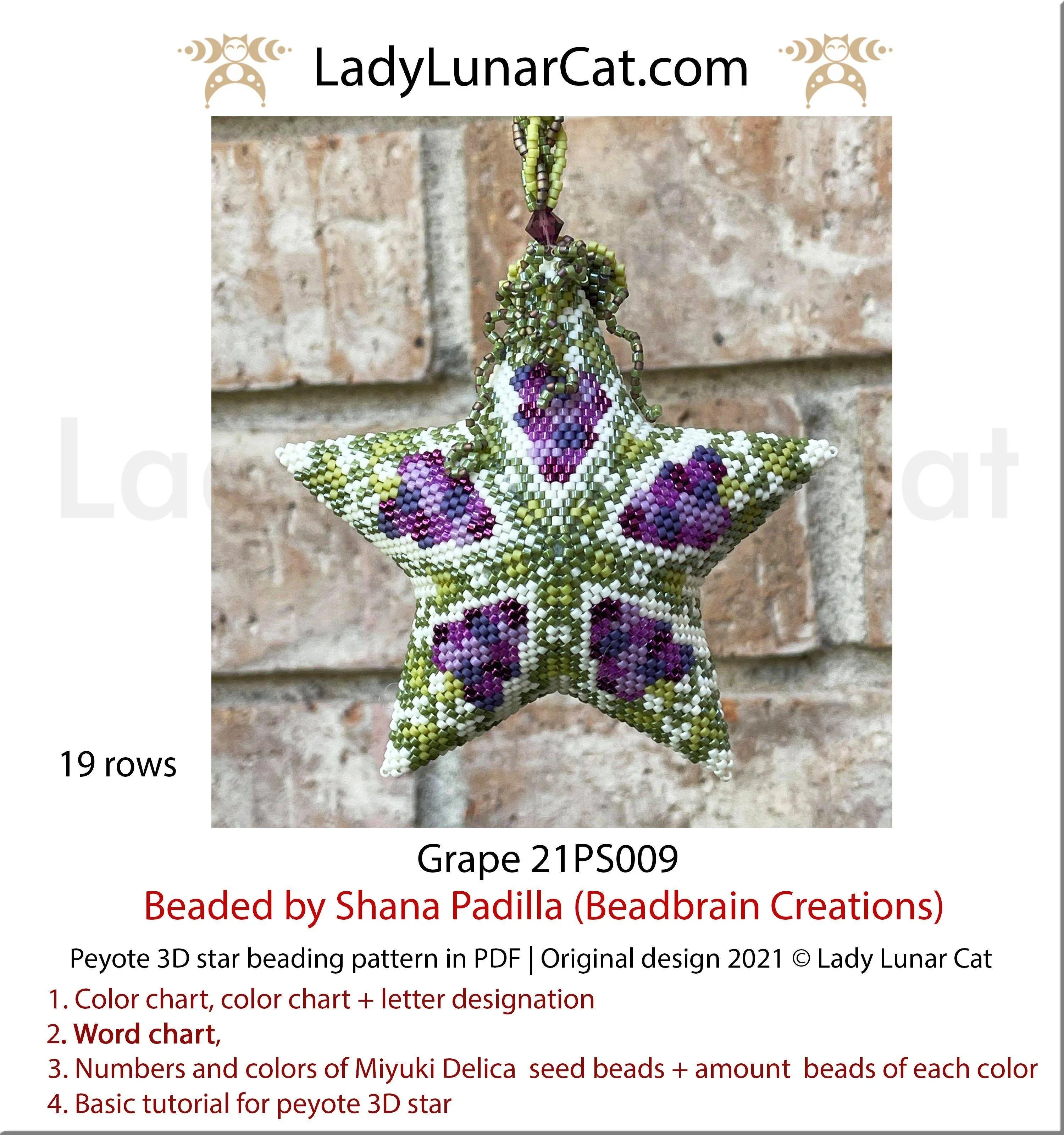 Grape peyote star beaded by Shana Padilla Beadbrain Creations - finished example LadyLunarCat