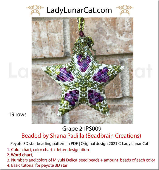 Beaded star pattern - Grape 21PS009 | Seed beads tutorial for 3D peyote star LadyLunarCat