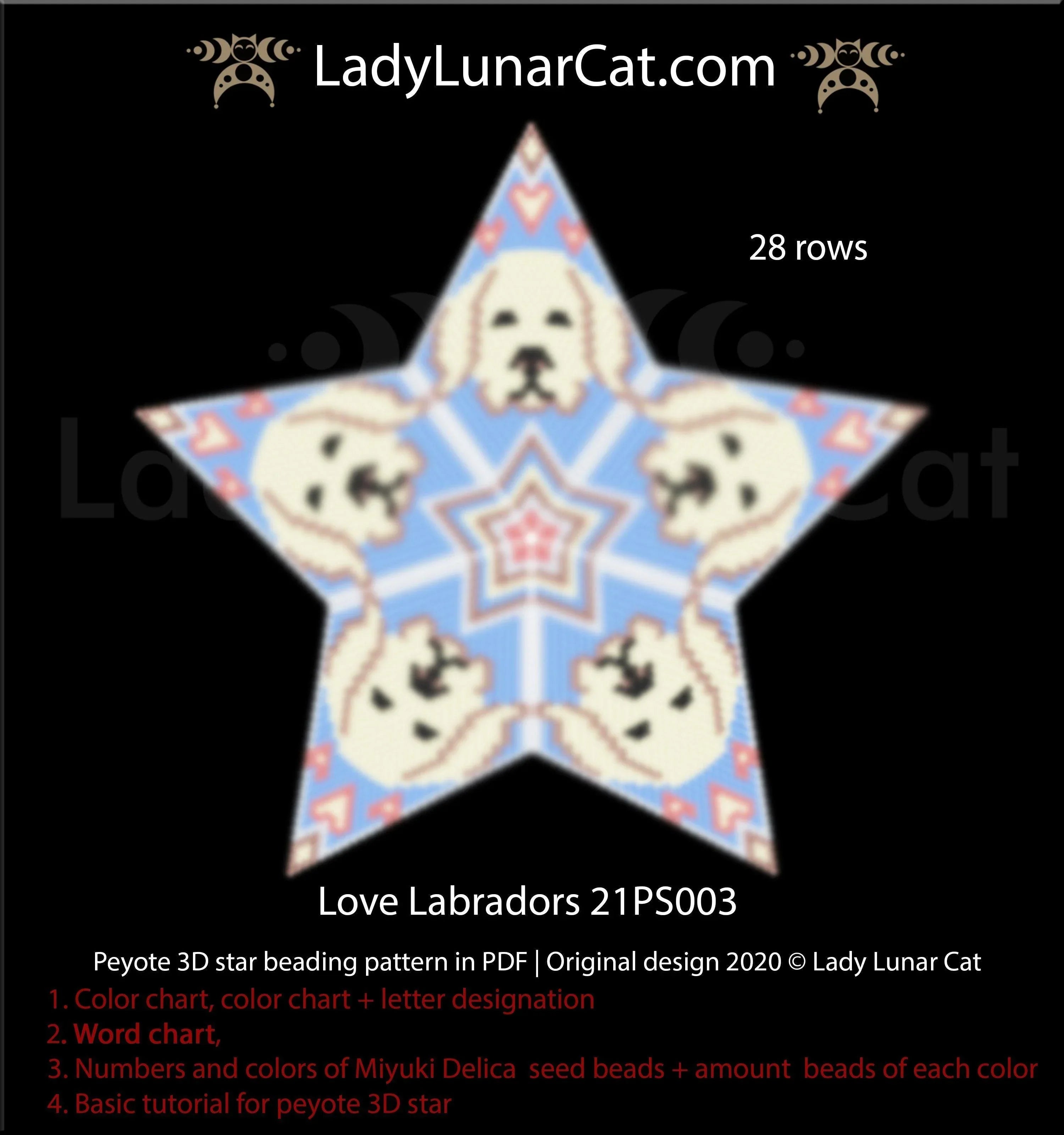 Labrador 3D peyote star — 6 colors, 55-bead radius, 28 rows, Miyuki Delica 11/0