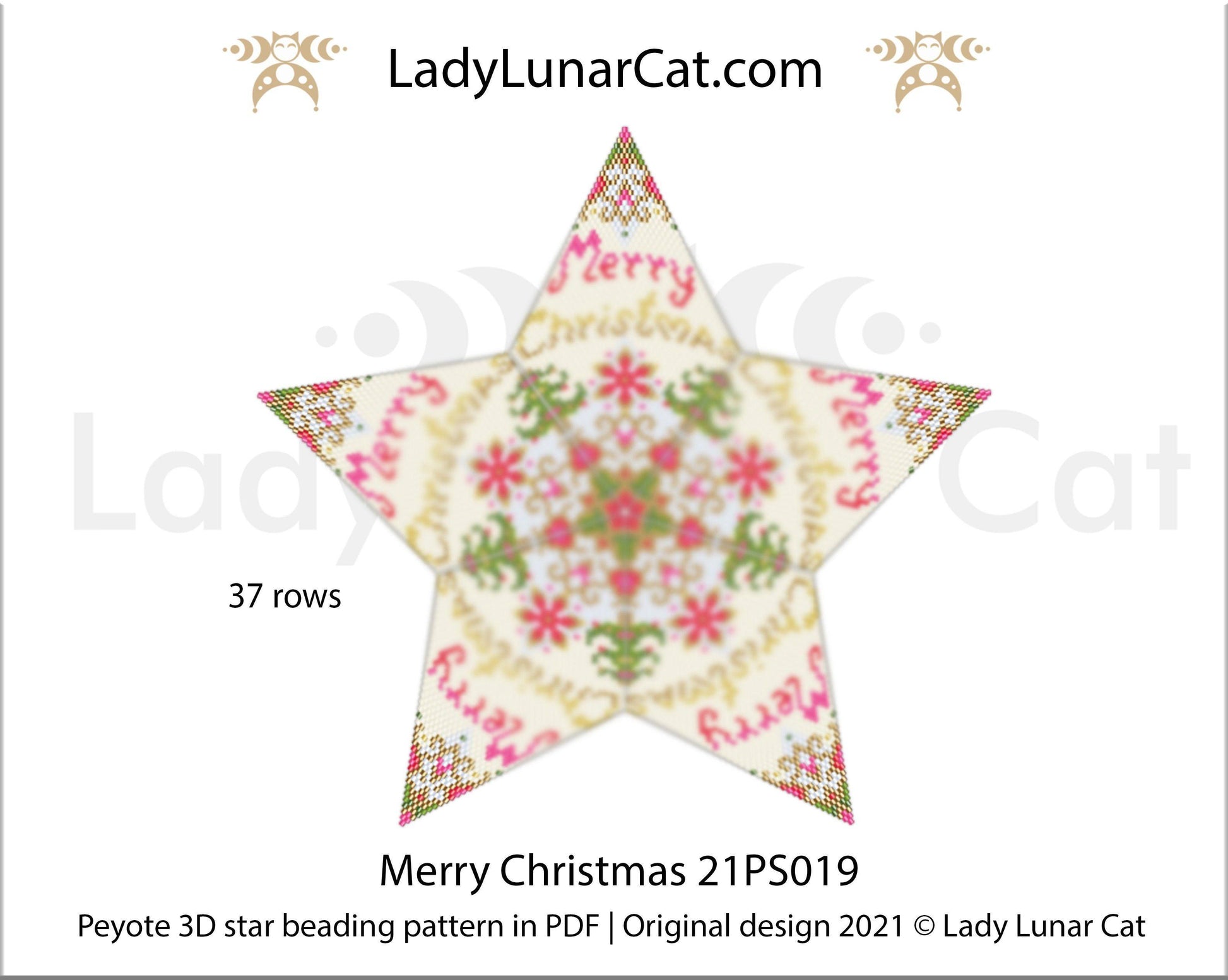 Beaded star pattern - Merry Christmas 21PS019 | Seed beads tutorial for 3D peyote star LadyLunarCat