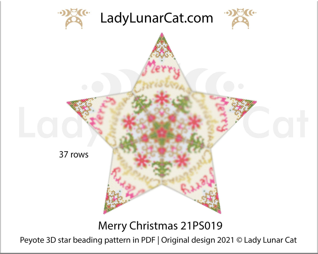 Beaded star pattern - Merry Christmas 21PS019 | Seed beads tutorial for 3D peyote star LadyLunarCat