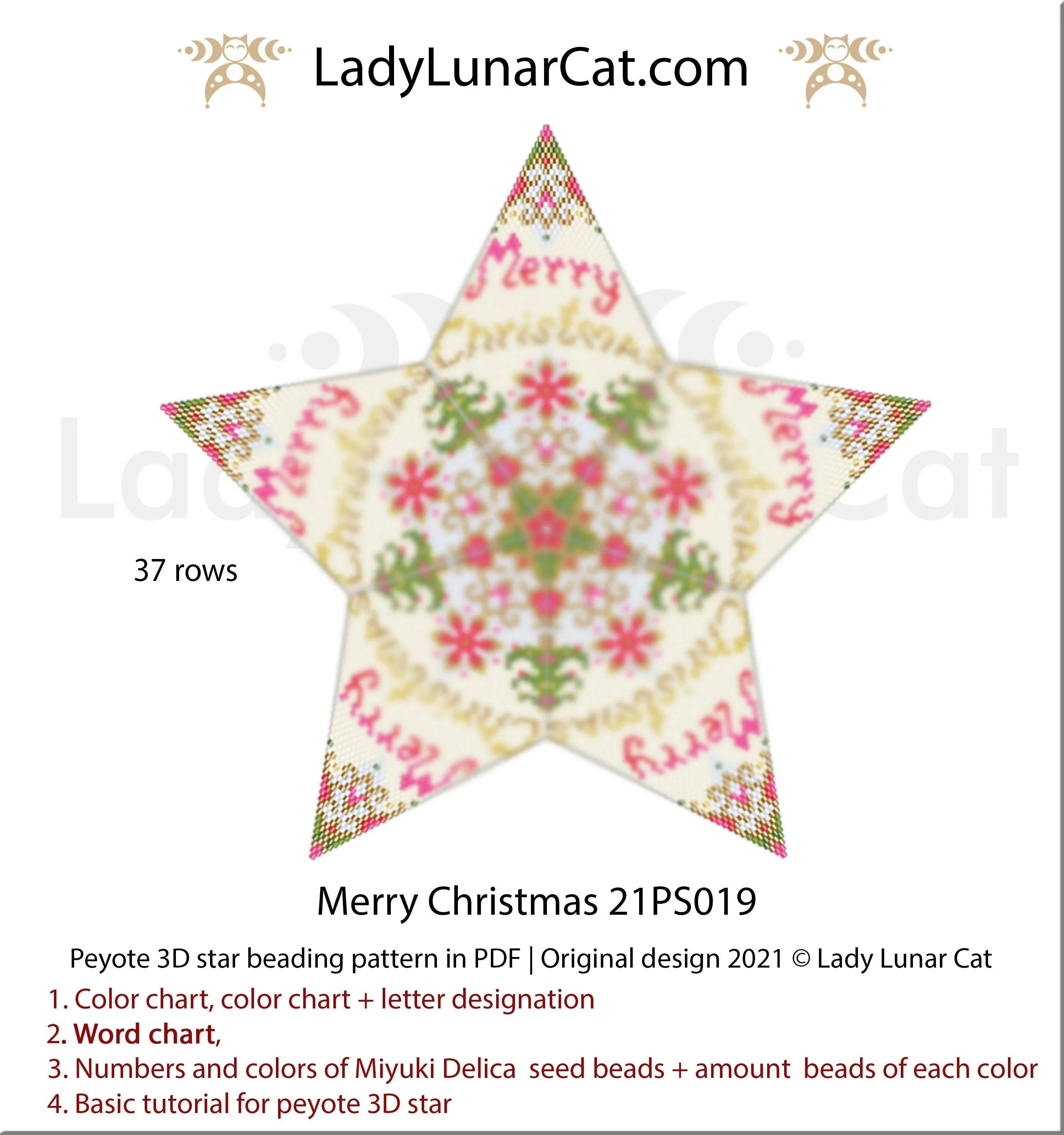Merry Christmas peyote star pattern PDF by Lady Lunar Cat — inscription largest star 21PS019