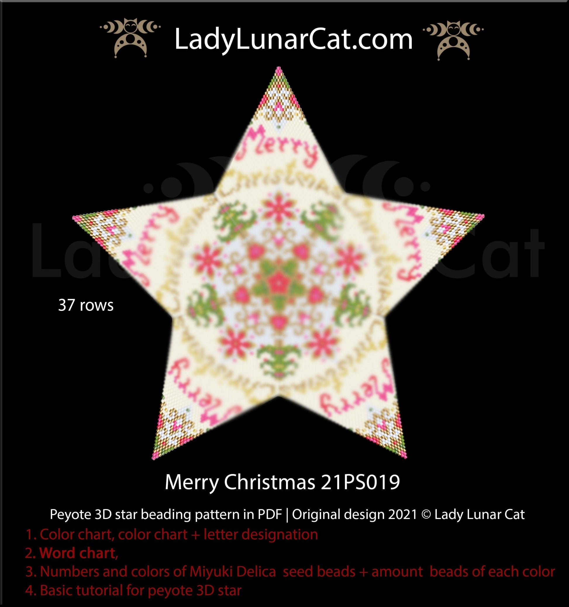 Beaded star pattern - Merry Christmas 21PS019 | Seed beads tutorial for 3D peyote star LadyLunarCat