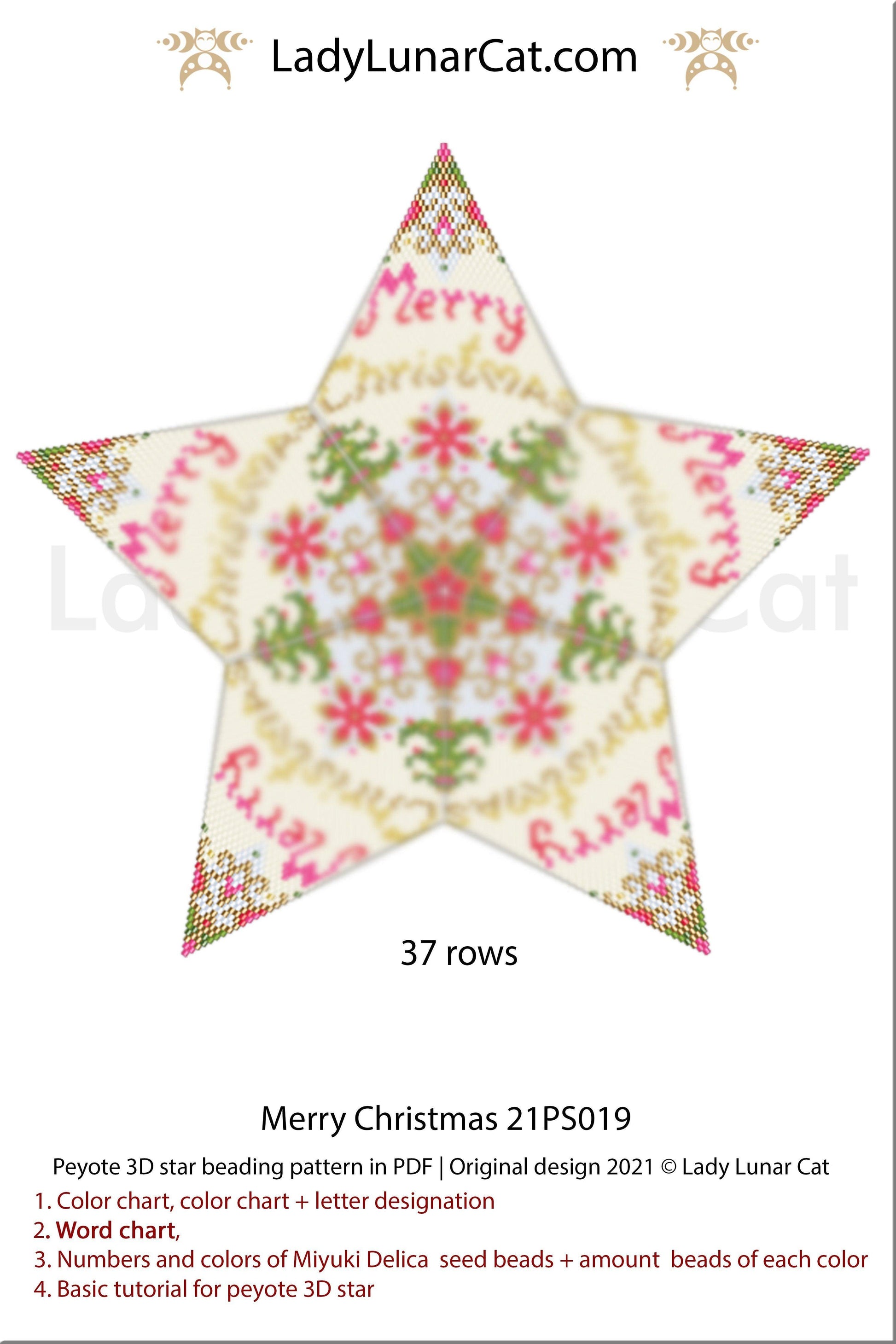Beaded star pattern - Merry Christmas 21PS019 | Seed beads tutorial for 3D peyote star LadyLunarCat