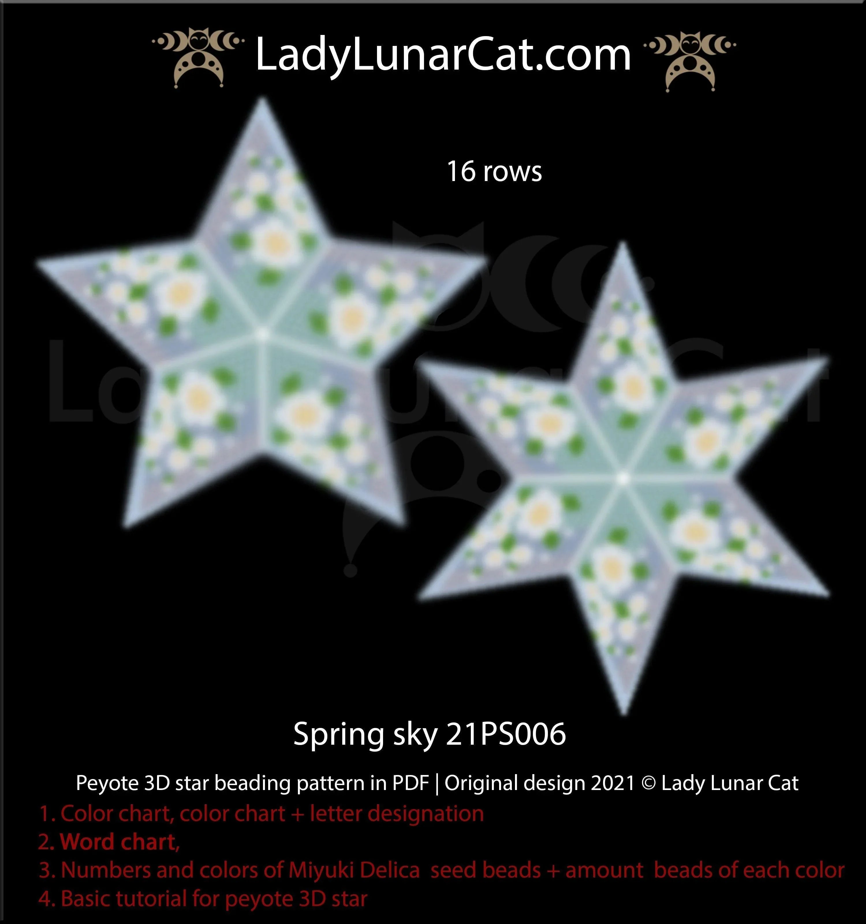 Spring Sky beaded star full view - stormy blue white blossom Miyuki Delica LadyLunarCat