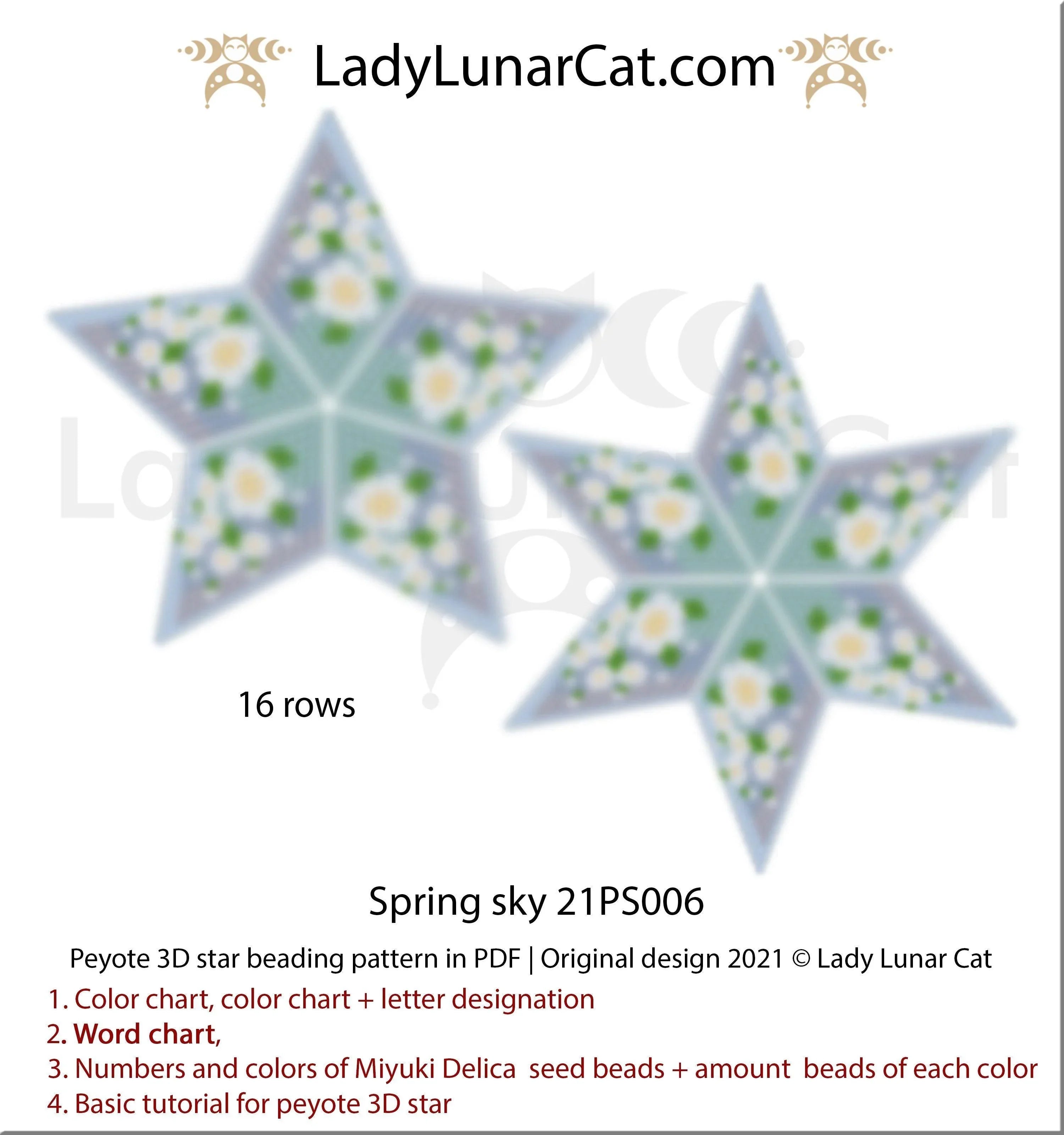Spring Sky peyote star - 31 beads 16 rows 7 colors blue blossom PDF LadyLunarCat