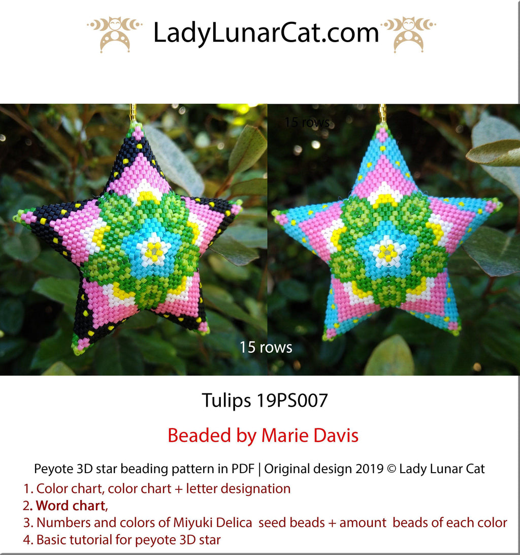 Beaded star pattern - Tulips 19PS007 | Seed beads tutorial for 3D peyote star LadyLunarCat