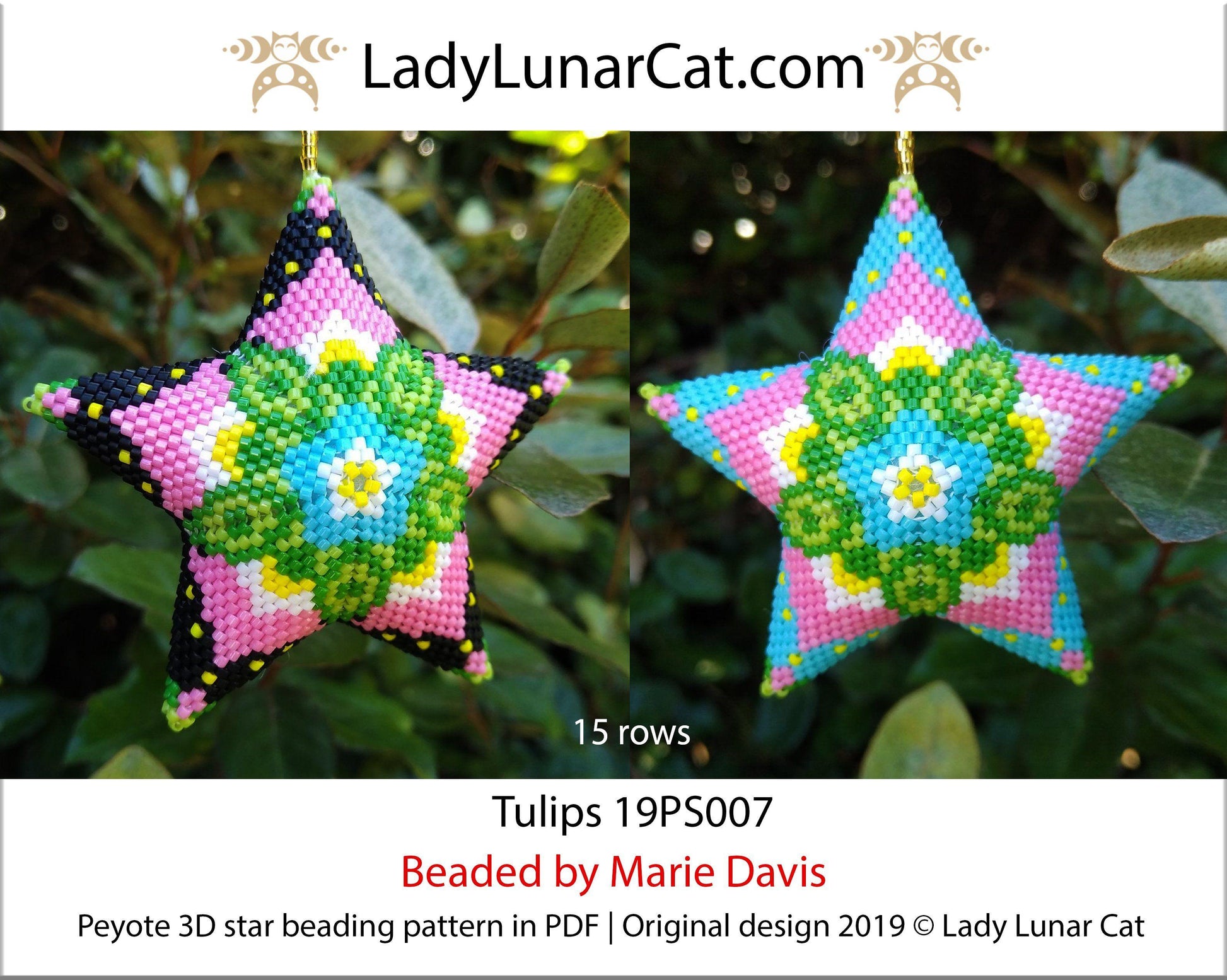 Beaded star pattern - Tulips 19PS007 | Seed beads tutorial for 3D peyote star LadyLunarCat