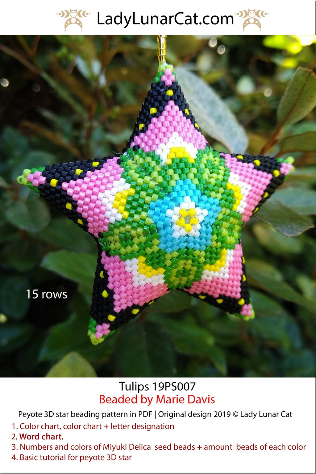 Beaded star pattern - Tulips 19PS007 | Seed beads tutorial for 3D peyote star LadyLunarCat