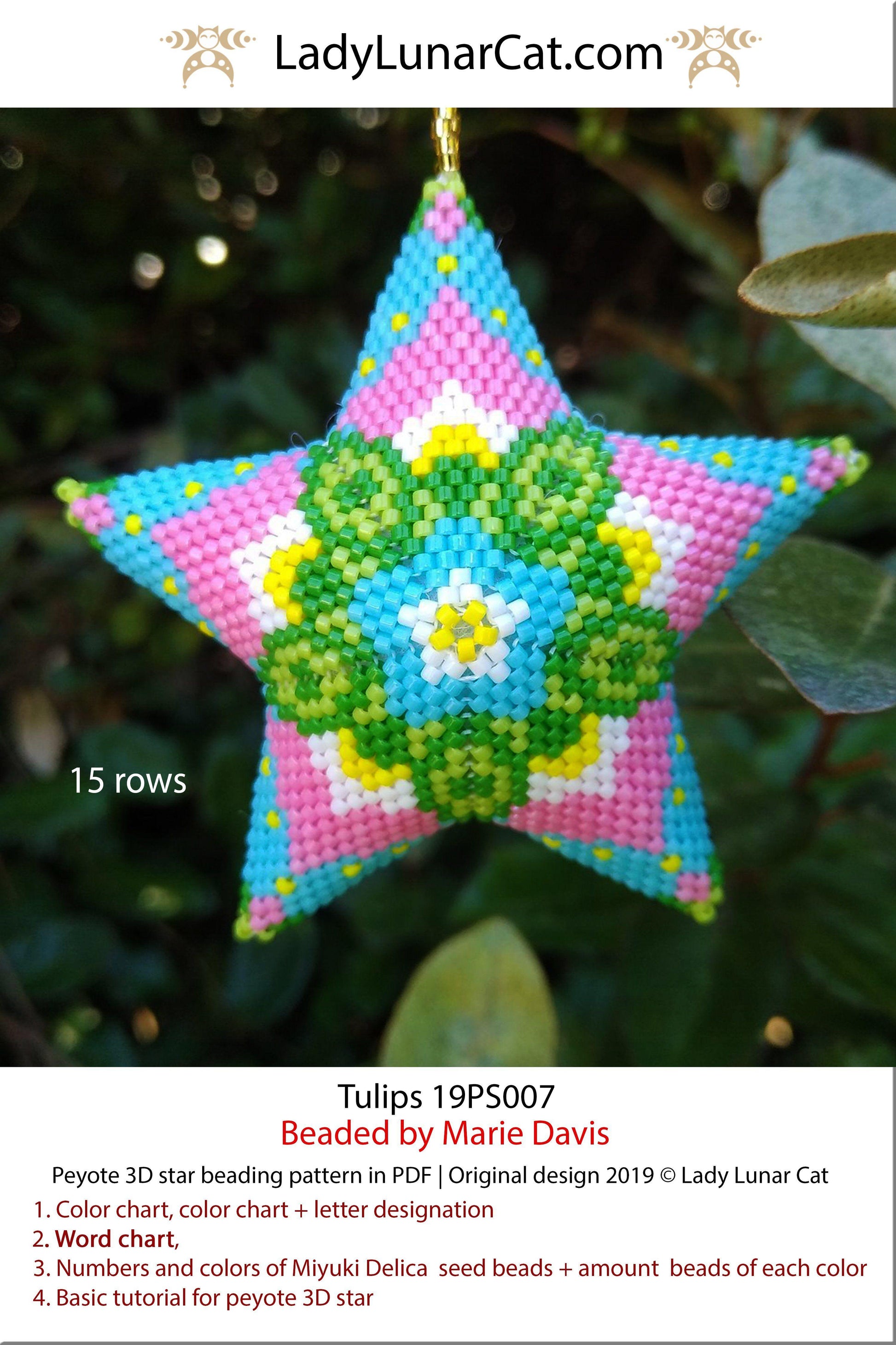 Beaded star pattern - Tulips 19PS007 | Seed beads tutorial for 3D peyote star LadyLunarCat